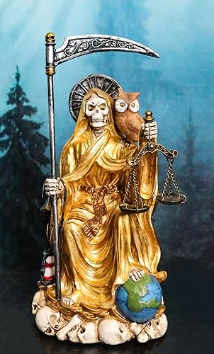 Miniatura 2 de Ebros Gift Santa Muerte sosteniendo guadaña reloj de arena y escalas de justicia con búho sabio sentado en el trono Estatuilla Hueso de la muerte