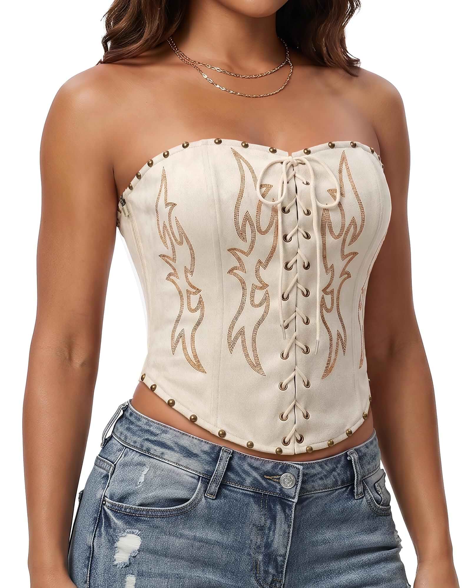 Corset Tops for Women Western Crop Tops Cowgirl Tube Top Faux Suede, Strapless, Lace Up, Studded, with Zipper, Sexy Festival Outfits, Country Concert, Going out