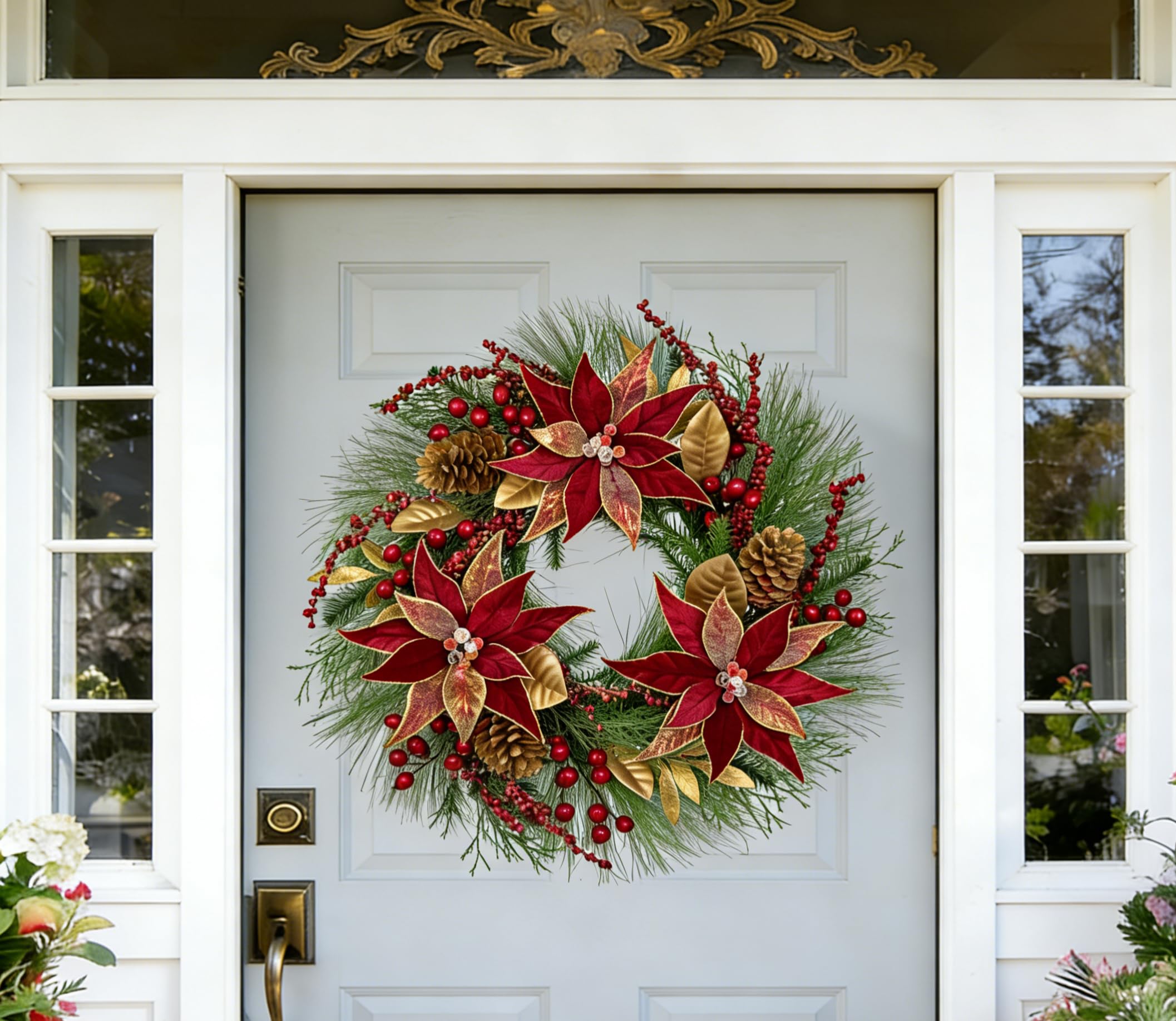 Arbrous - Corona de Navidad para puerta delantera, coronas de Navidad de 24 pulgadas, corona de Navidad con flores rojas de pascua, conos de pino, bayas, hojas de magnolia, coronas de invierno para