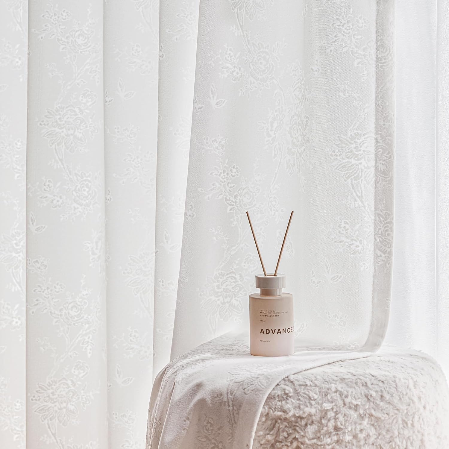 Beauoop White Floral Jacquard Sheer Curtains 108 Inches Long 2 Panels for Living Room Bedroom Semi Lace Flower Privacy Light Filtering Non-See-Through Velvet Textured Grommet Window Drapes, 52x108