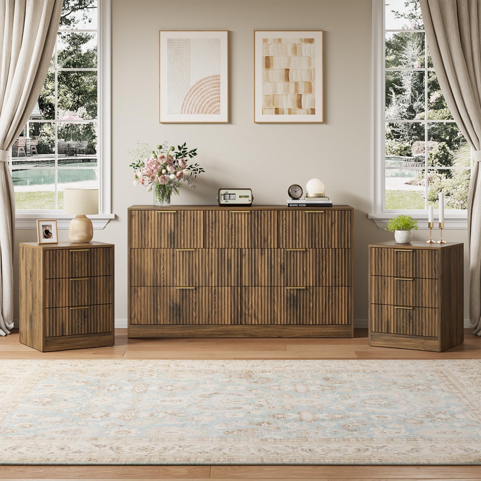 NOVAMAISON 7 Drawer Dresser & Nightstand Set, 3-Piece Fluted Bedroom Dresser and Night Stand Set of 2 with Metal Handle, Modern Wood Chest of Drawers Storage Dressers Set for Bedroom, Walnut