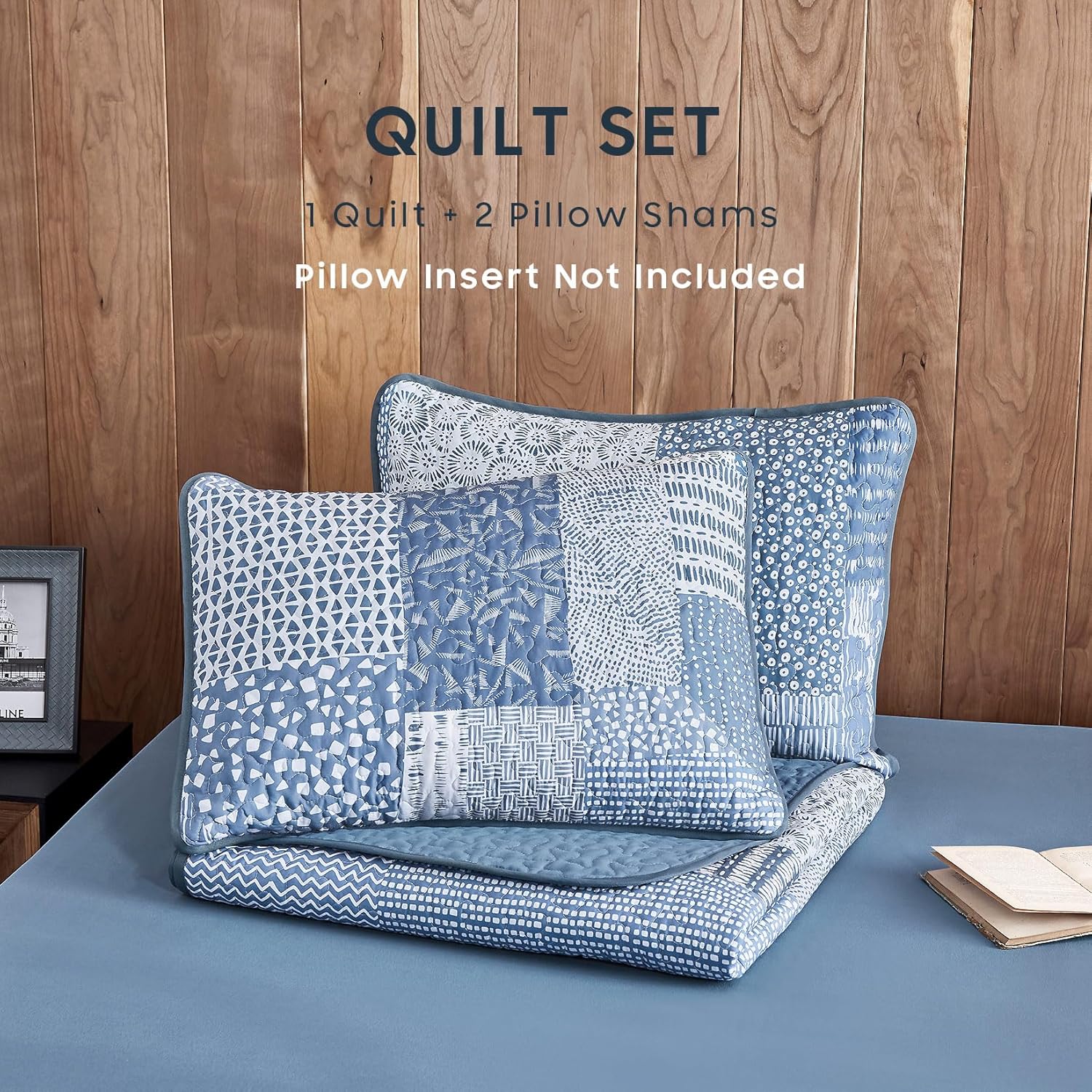 Wake In Cloud - Patchwork Quilt Set, Rustic Cabin Country Farmhouse Style with Patch Geometric Pattern, Reversible Lightweight Bedspread Coverlet, 3 Pieces, Blue, Queen/Full Size