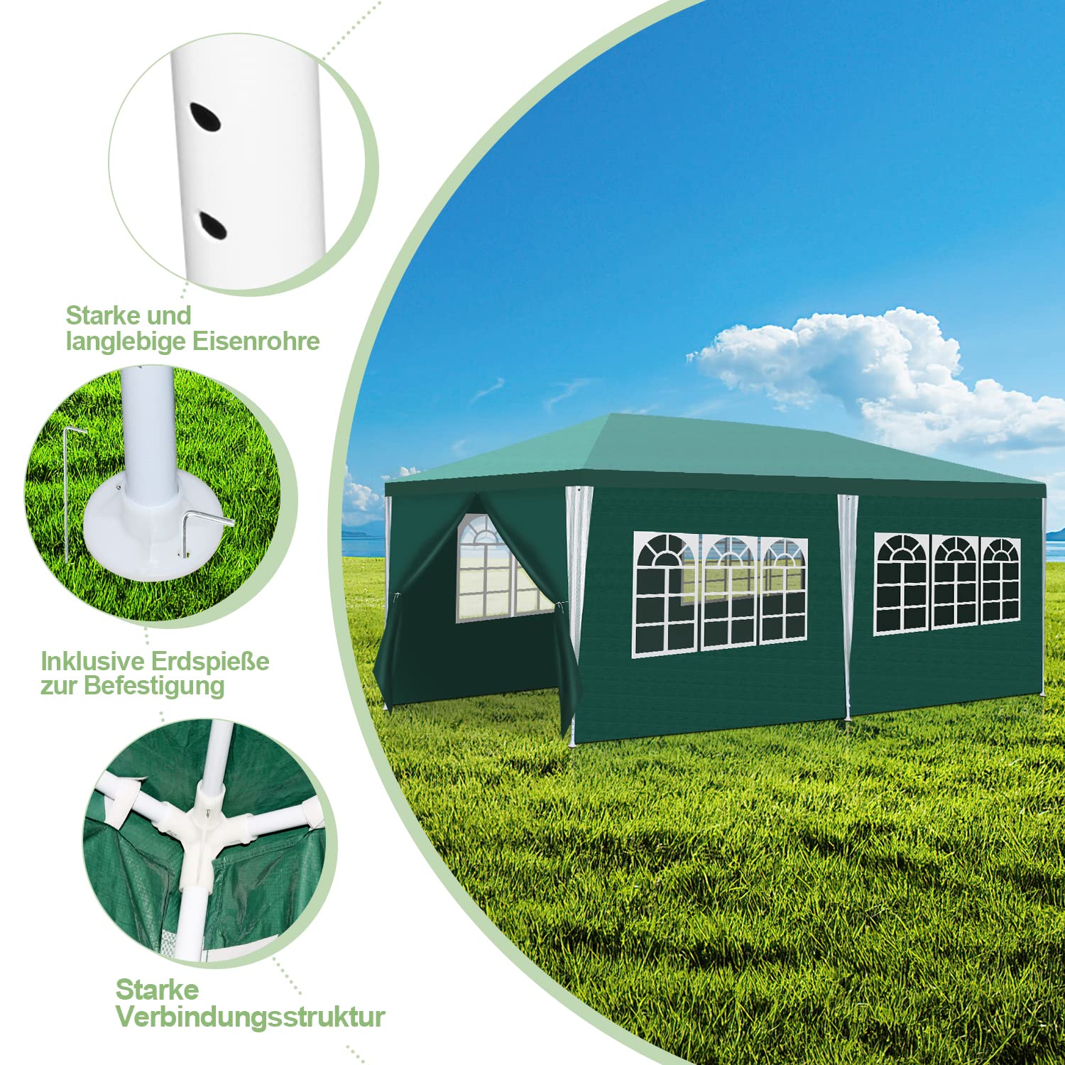 Sonnewelt Pabellón 3x6 m Carpa de Fiesta de Jardín Impermeable Lona de PE de Cerveza de Festival Resistente a los UV 100g/m² con 6 Partes Laterales Verde