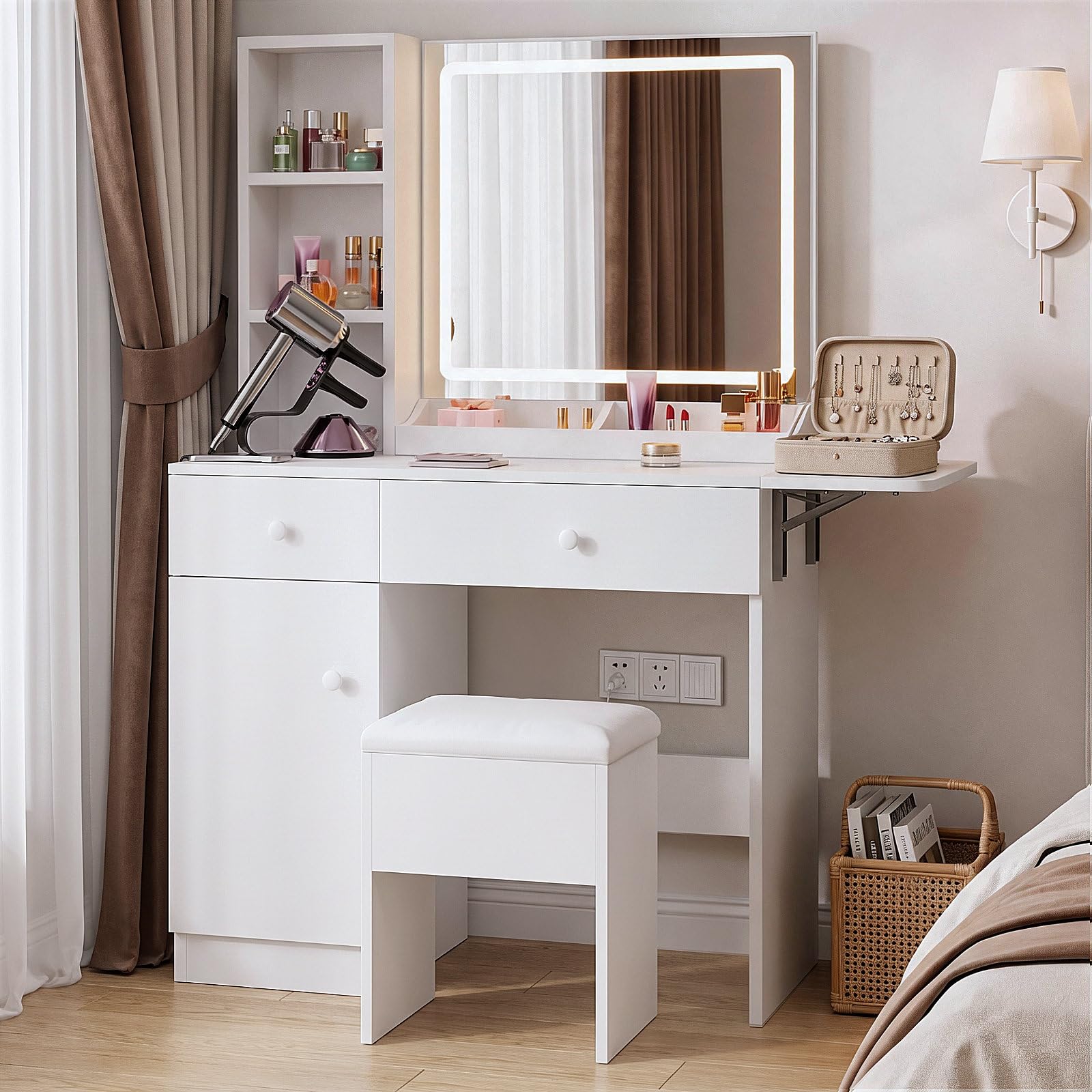 Haewon Vanity Desk Set with Lighted Mirror and Chair, White