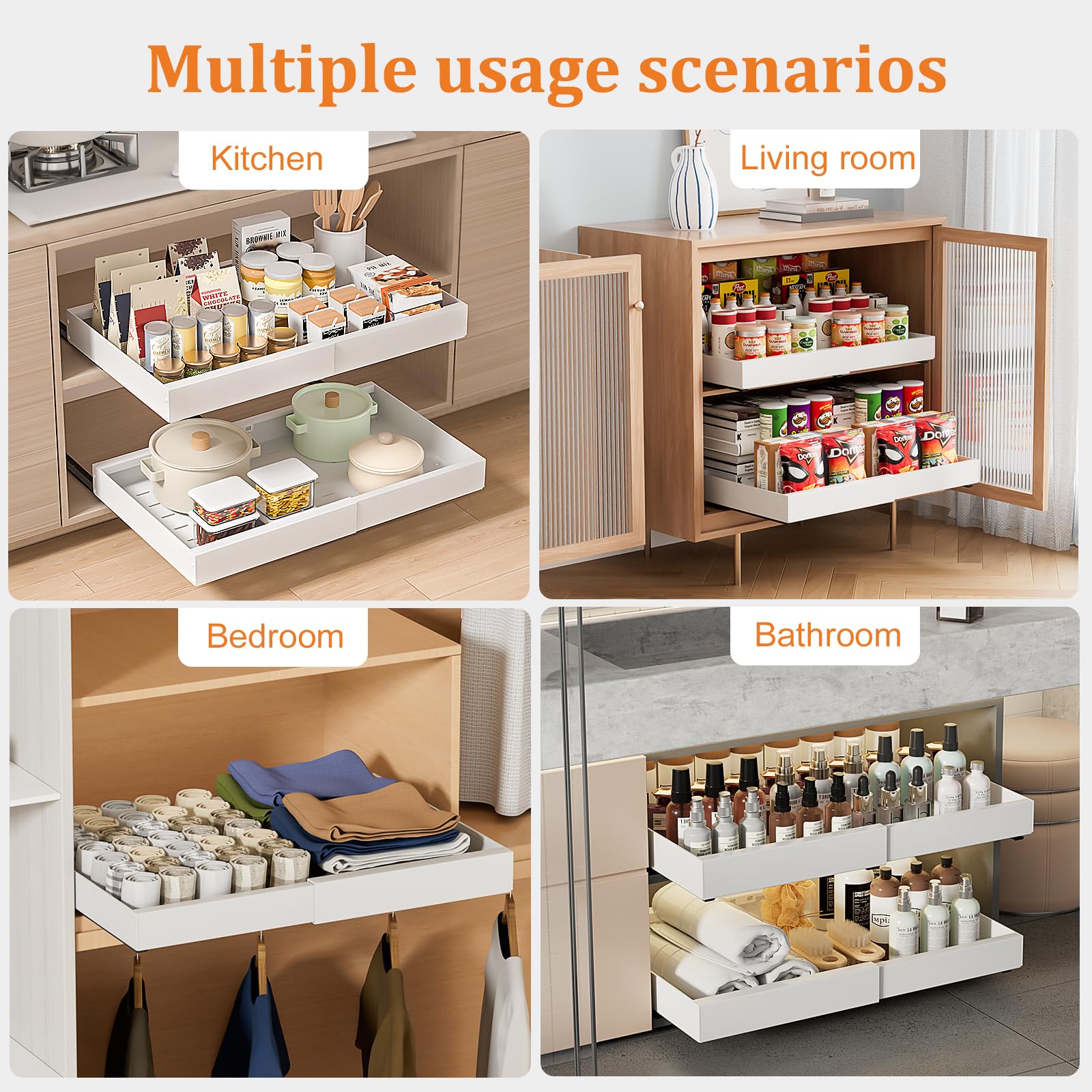 PNNP 2 Stück Teleskopschublade Ausziehbar Küche Schublade: 52 cm tiefe Ohne Bohren Für Die Nachrüsten Und Organizer Von Schrank verstellbare Breite 32 cm-53 cm | Weiß