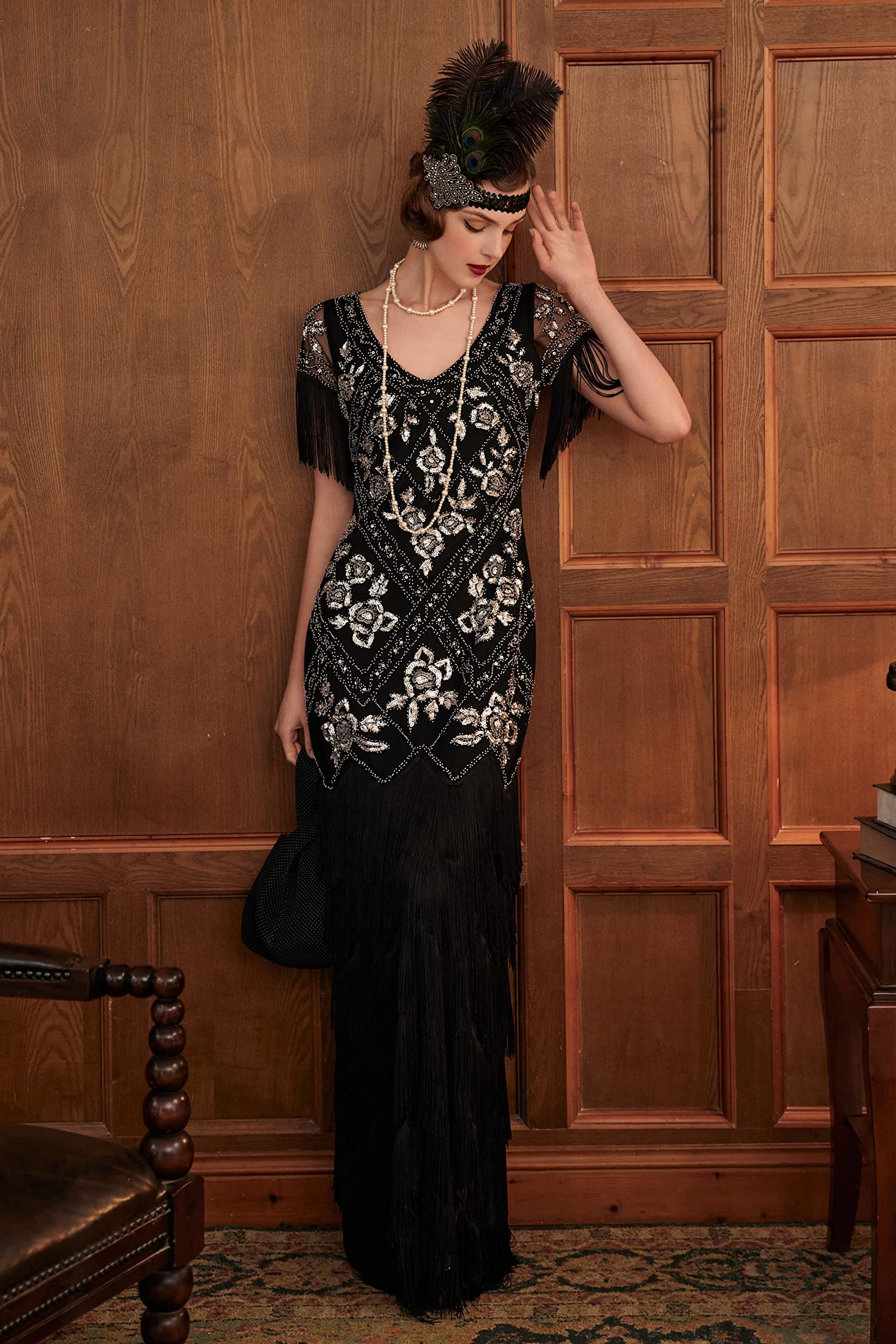Babeyond Abito da donna anni ‘20 con scollo a V, abito da sera con paillettes e perline, maxi abito per matrimonio, nero e argento