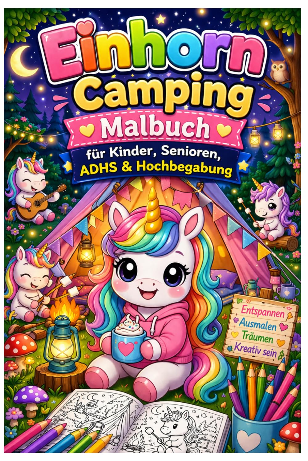 Einhorn Camping Malbuch für Kinder, Senioren, ADHS & Hochbegabung: 85 süße Ausmalbilder mit Einhörnern beim Zelten, Waldabenteuer, großen Motiven und kleinen Details zur Ruhe und Kreativität