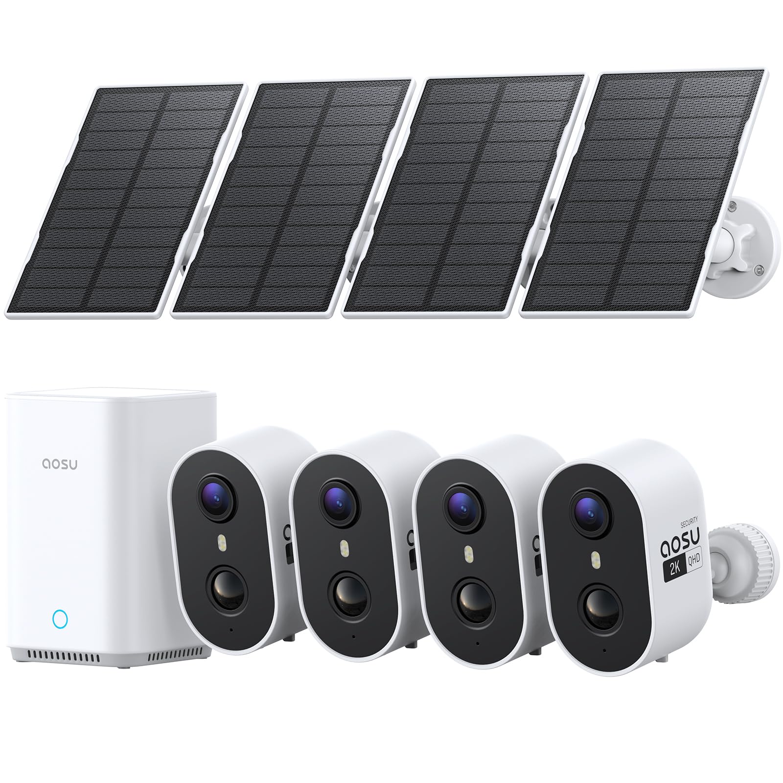 aosu 2K Überwachungskamera Aussen Akku Solar 4er-Kit mit Aosubase 2.0 ohne ABO 32GB Lokal Speicher Kabellose Kamera Überwachug Aussen PIR Bewegungssensor Licht Tonalarm 2-Wege-Audio Farb-Nachtsicht
