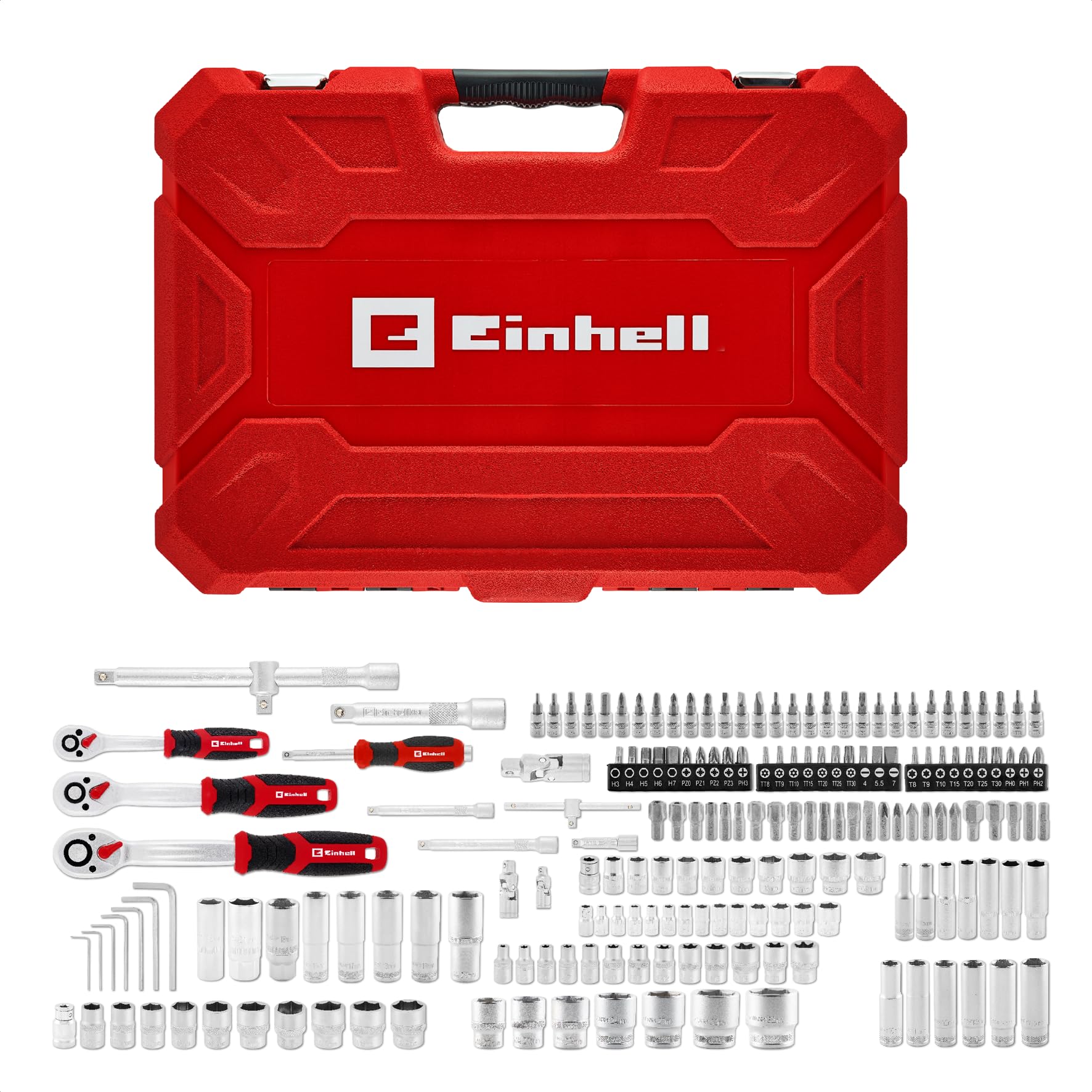Einhell 181 pezzi set di bussole e cricchetto | Set di bussole | cricchetti | assortimento di inserti | impugnatura per cacciavite | chiavi esagonali | valigetta inclusa