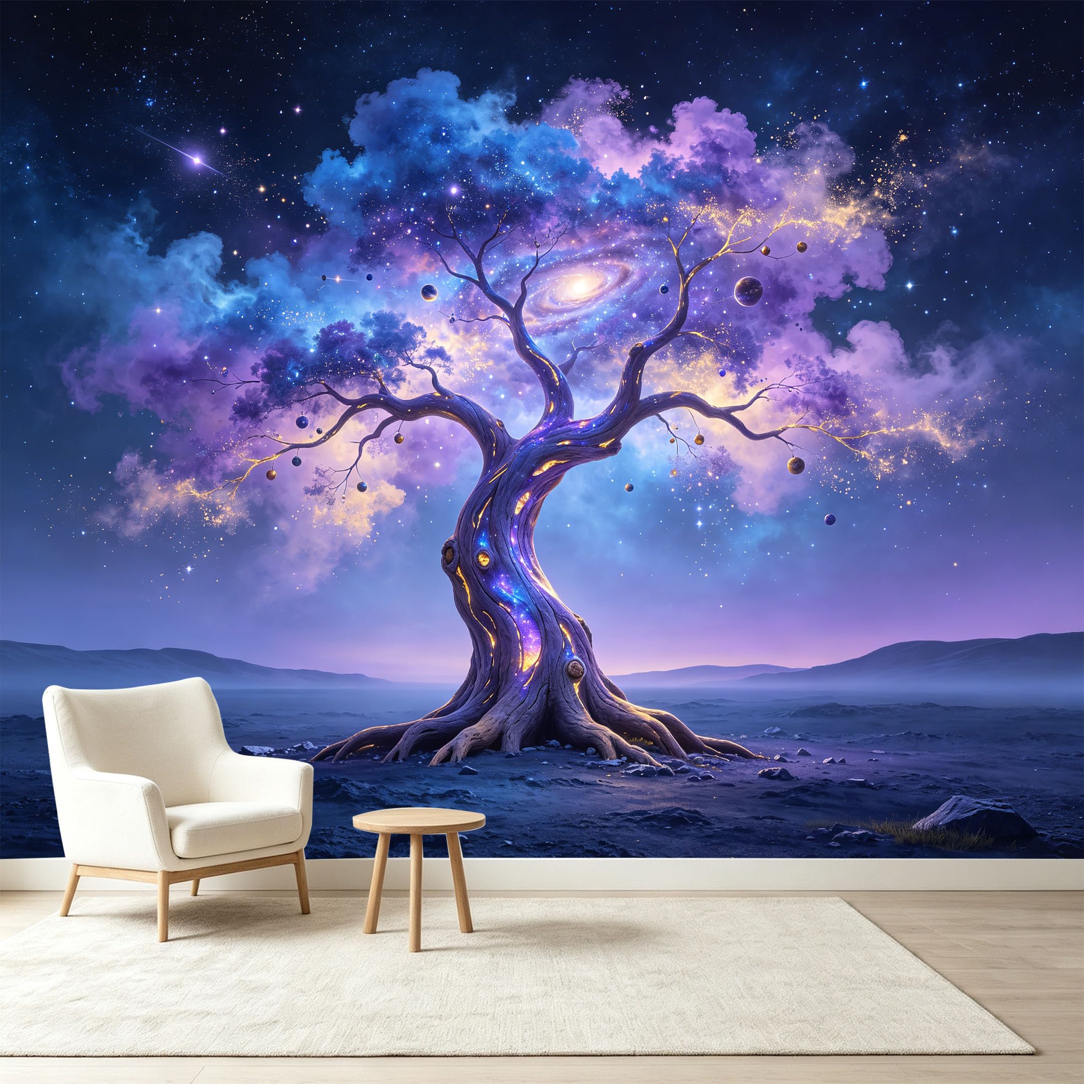 Custom Size Wall Murals Cosmic Ancient Tree Nebula Energy Giant Tree Wall Decor Self-Adhesive Wall Fabric Removable Wallpaper Wall Decor for Living Room Bedroom Bathroom