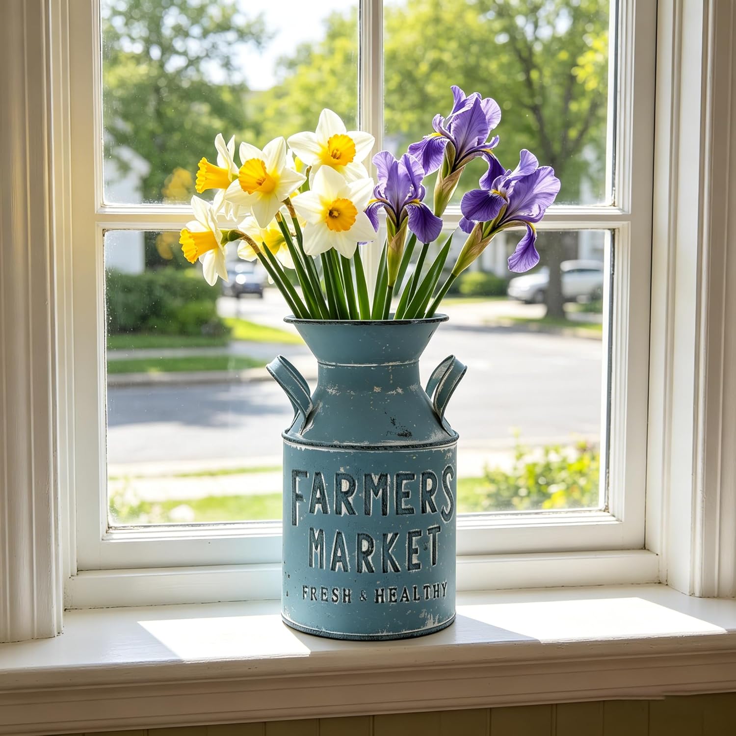 Vintage Rustic Metal Flower Vase Farmhouse Distressed Decor Plant Jug Cans Shabby Milk Pitcher for Indoor & Outdoor Garden Livingroom Entryway Table Centerpieces Shelf Kitchen Decor Blue