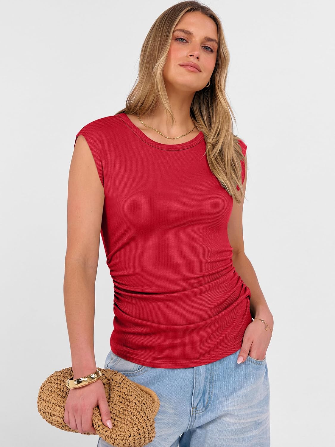 ANRABESS Womens Tops Cap Sleeve Crewneck Shirts Casual Ribbed Knit Slim Fit Ruched Summer Basic Tee Tank 2026 Trendy Clothes - Image 7