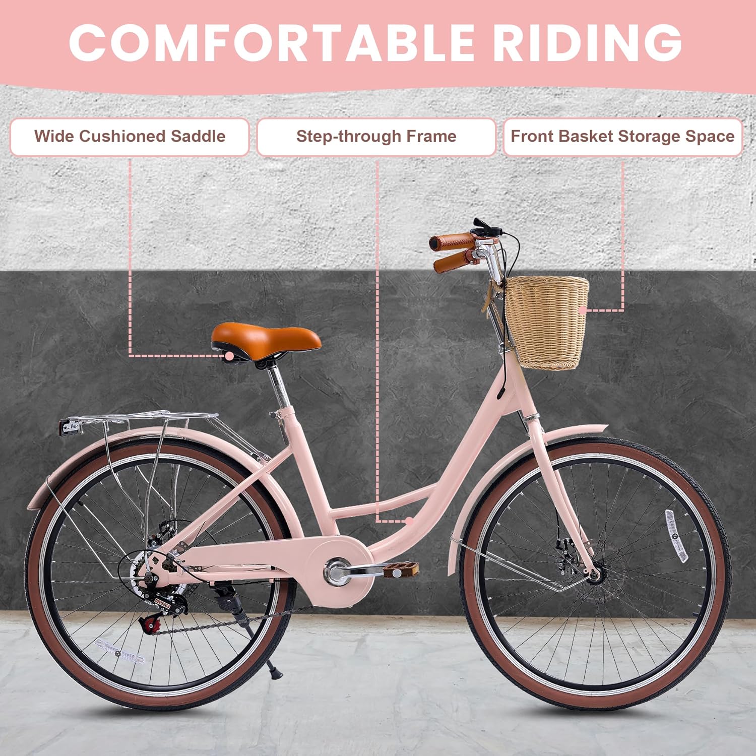 Beach Cruiser Bike for Women, 24 26 inch 7 Speed Commute Bike for Adults, Womens Bicycle with Ratten Basket and Adjustable Seat, Lightweight Step Through Bike for Adults Women Ladies