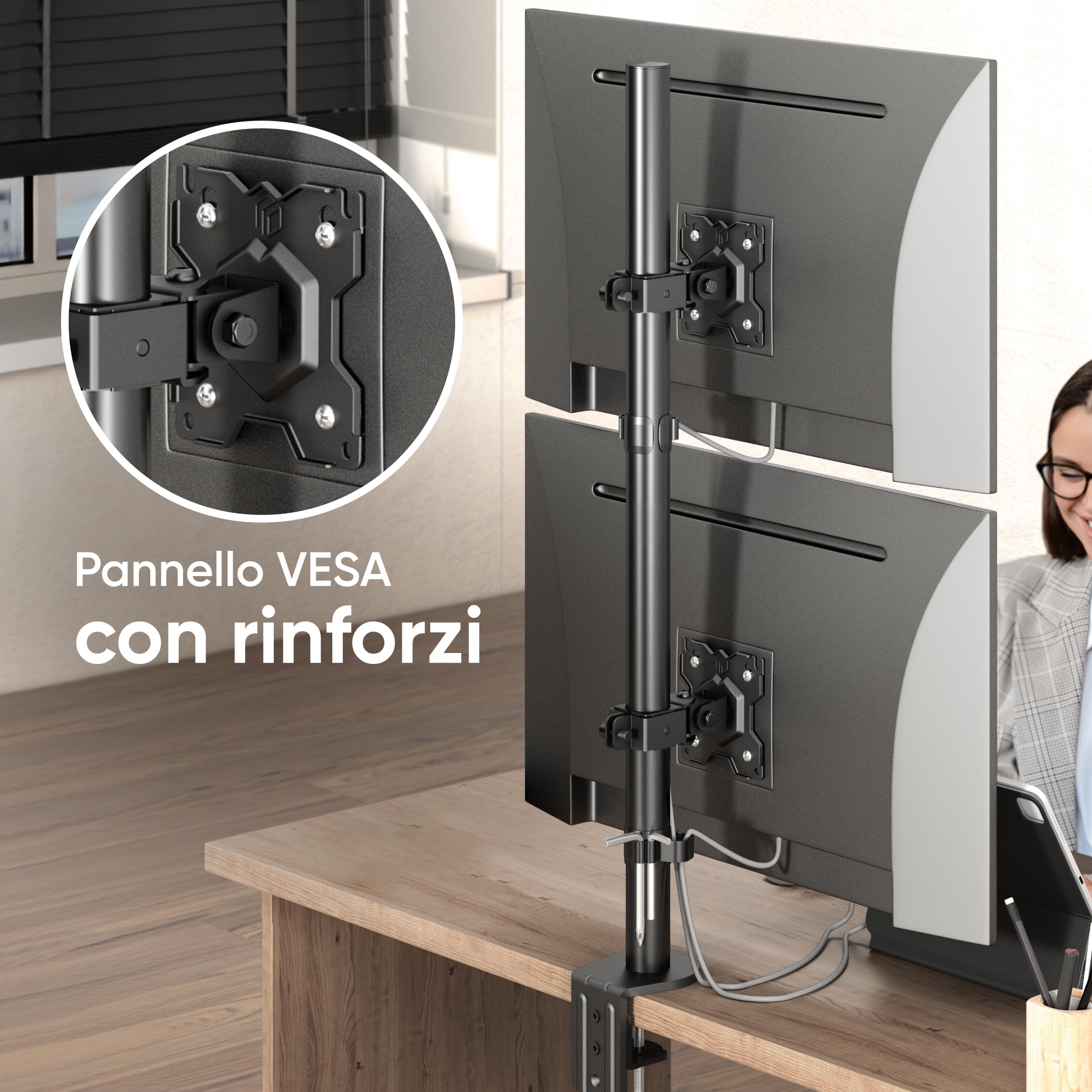 ONKRON Braccio Monitor Doppio 13-34 Pollici, Carico Totale 16 kg, VESA 75x75-100x100 mm, Supporto Monitor Scrivania con Orientamento Verticale e Orizzontale, Rotazione 360°, Girevole, Nero D208E-B