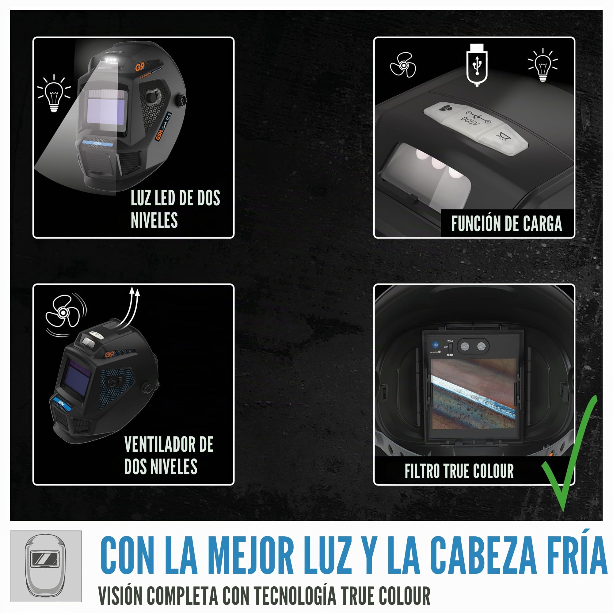 Güde GSH-3S-VL-TC-2 - Casco de soldadura automático (para trabajos de corte/lijado/soldadura, batería solar y de iones de litio, filtro de color verdadero, filtro de oscurecimiento automático (95 x 55
