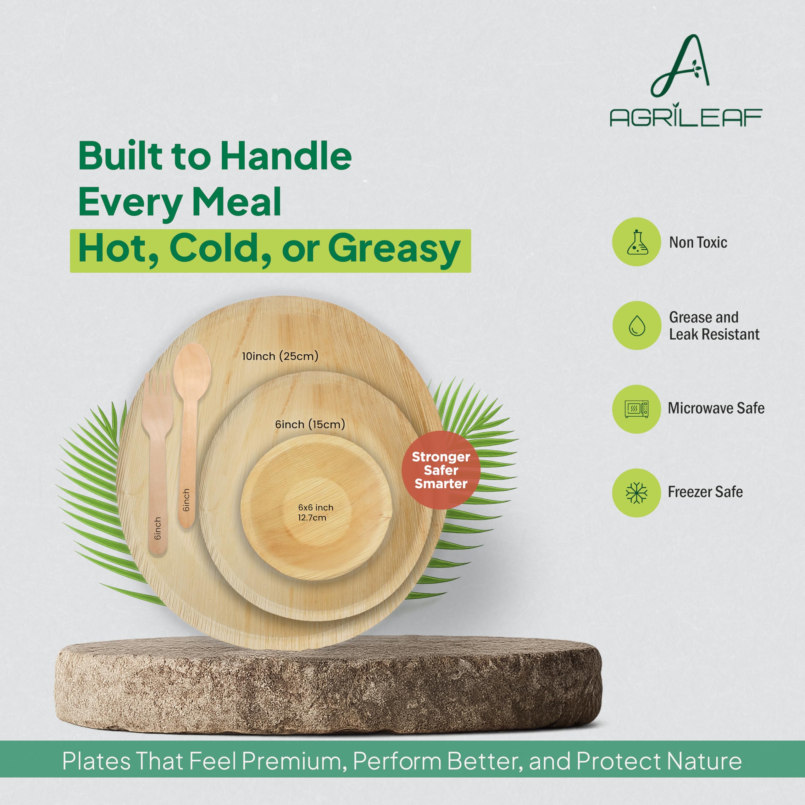 Areca Palm Leaf Dinnerware Set | 60 Pack for 12 Guests | 10" & 6" Round Plates, 5" Round Bowls & Wooden Cutlery | Use & Throw | Sturdy & Eco-Friendly Tableware for Party, Wedding, Birthday — Amazon image 3