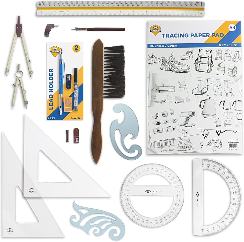 Kit básico de dibujo, dibujo y diseño de ALVIN Academy | 13 Piezas | Herramientas de clase para estudiantes de geometría, arquitectura e ingeniería | - Modelo DDKE2