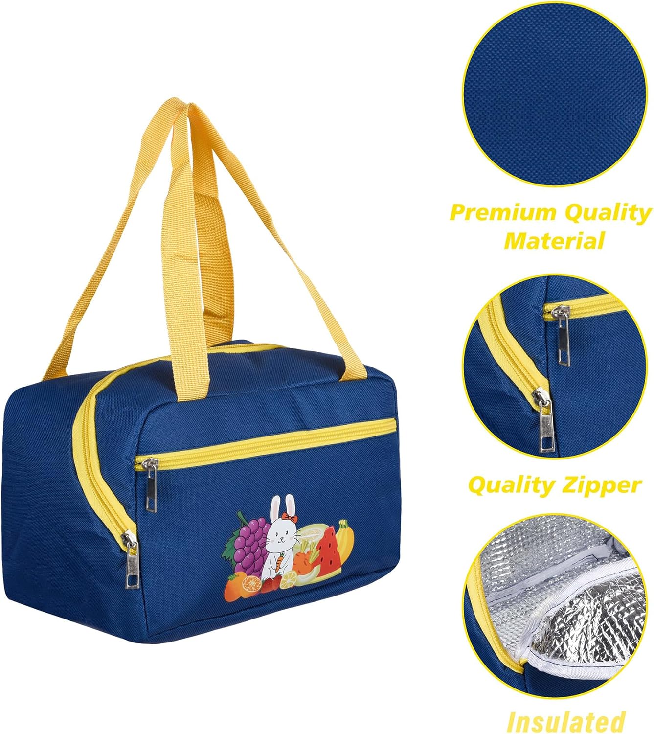 Kuber Industries Lunch Bag | Thermal Insulated Lunch Bag | Lunch Bag for Office | Lunch Bag for Camping with Front Pocket | Waterproof Tiffin Cover with Handle | Fruit Rabbit-Print | Blue