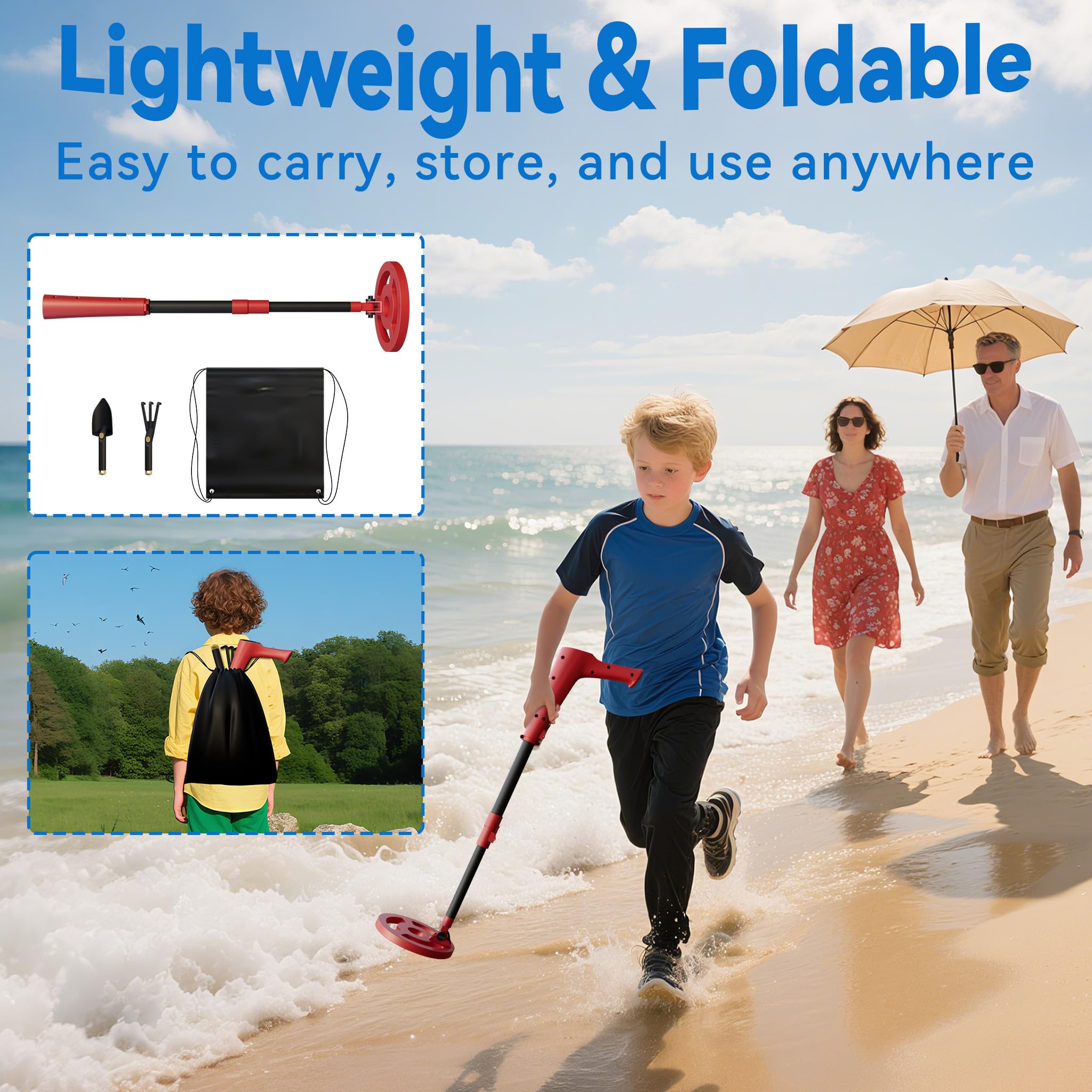 YRHome Detector de metales para niños – con pantalla LCD y bobina resistente al agua y mango largo – Incluye kit completo de excavación (pala, garra y bolsa), detector de metales rojo