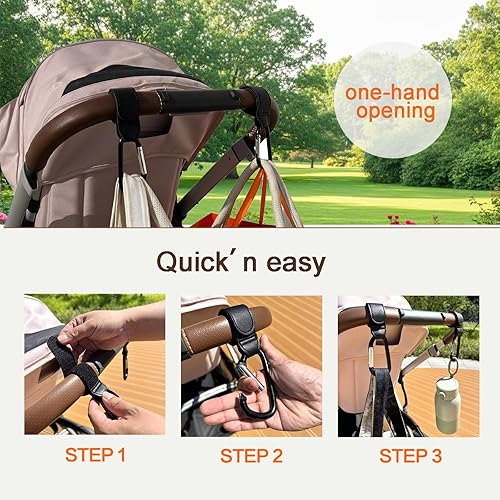 Miniatura 5 de Ganchos para cochecito con soportes de silicona para botellas, paquete de 2 clips de mosquetón de aluminio resistentes y 2 agarres universales de