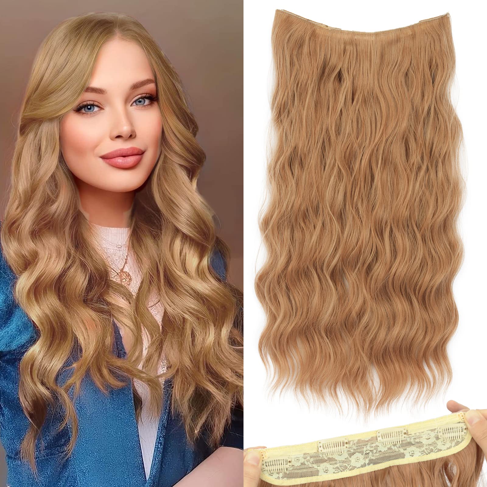 KooKaStyleLong Wavy Invisible Wire Hair Extension with Adjustable Headband Secure 4 Clips Synthetic Hairpieces for Women 20 Inch (20 Inch, Auburn Brown)