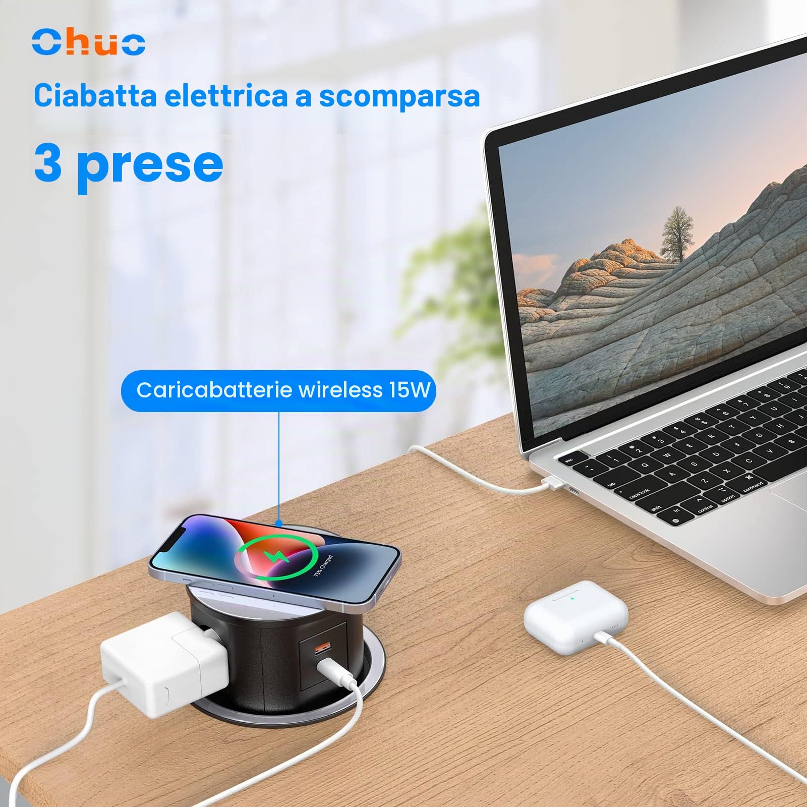 Ciabatta Multipresa 3 Prese USB C 20W, Ohuo Ciabatta con Ricarica wireless da 15W, Blocco Multipresa a Scomparsa con 3 Prese schuko EU e 2 porte USB, Cavo 2 m, Nero