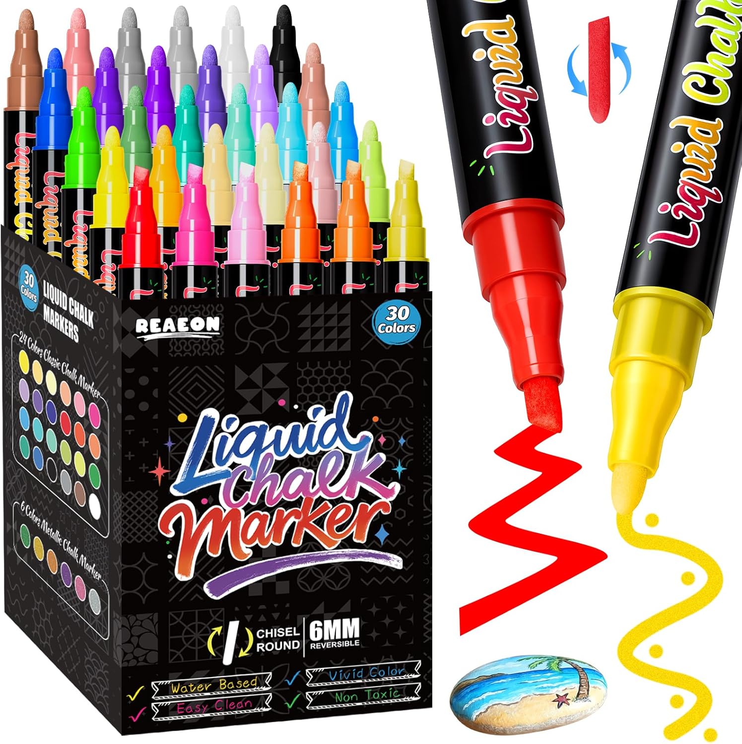 Reaeon Chalk Markers, Liquid Chalk Markers with 6mm Reversible Tip, Dust-Free & Non-Toxic Erasable for Blackboard, Chalkboard, Glass, Windows, Restaurants,30 Pack