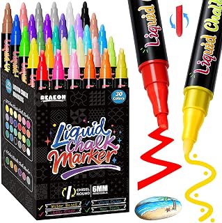 Reaeon Chalk Markers, Liquid Chalk Markers with 6mm Reversible Tip, Dust-Free & Non-Toxic Erasable for Blackboard, Chalkboard, Glass, Windows, Restaurants,30 Pack