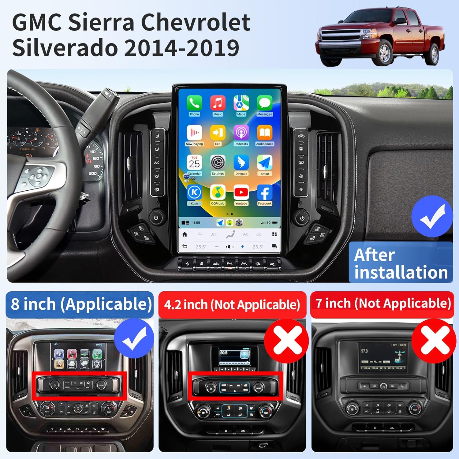 Car Radio for Chevrolet Silverado GMC Sierra 2014-2019 Stereo Radio Upgraded 8+128G 14.4 Inches 2K Screen Tesla Style Carplay Android Auto GPS Navigation OEM 8 Inch