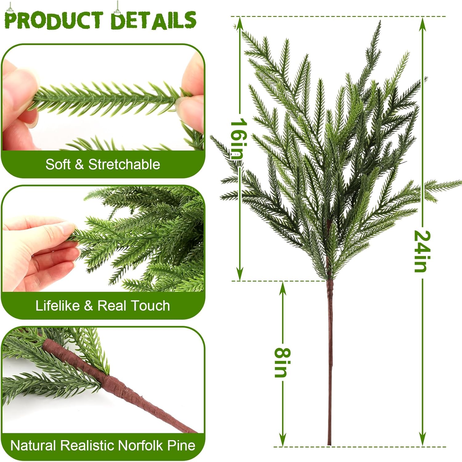 8Pcs 24 Inch Real Touch Norfolk Pine Stems, Artificial Green Plants Branches, Faux Greenery Pine Stem Fake Cedar Picks for Vase, Christmas Pine Branches for DIY Crafts Home Indoor Decor