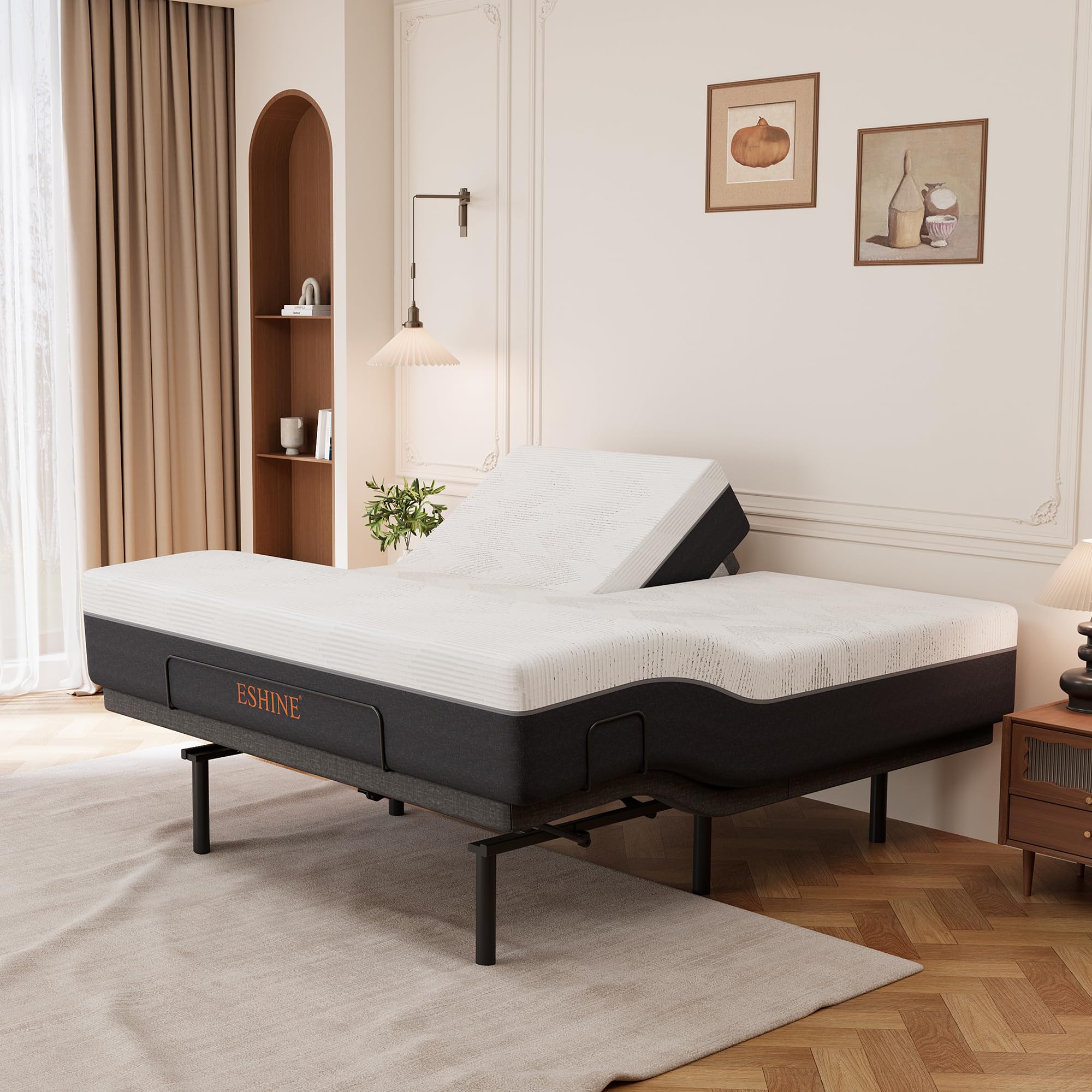 ESHINE Split Top King Adjustable Bed Frame with 14 Gel Memory Foam Mattress Graphene Cover - Electric Upholstered