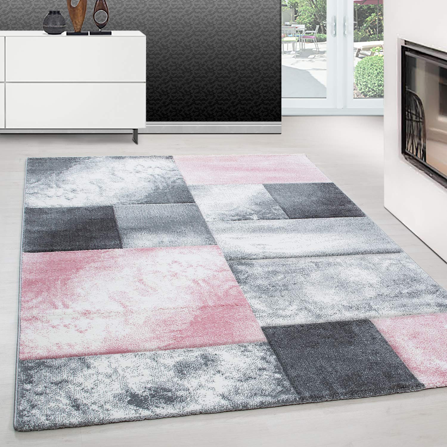 Designer Konturenschnitt Teppich Kurzflor, Kariert Design, Rechteckig, Grau - Schwarz, Pflegeleicht, Wohnzimmerteppich