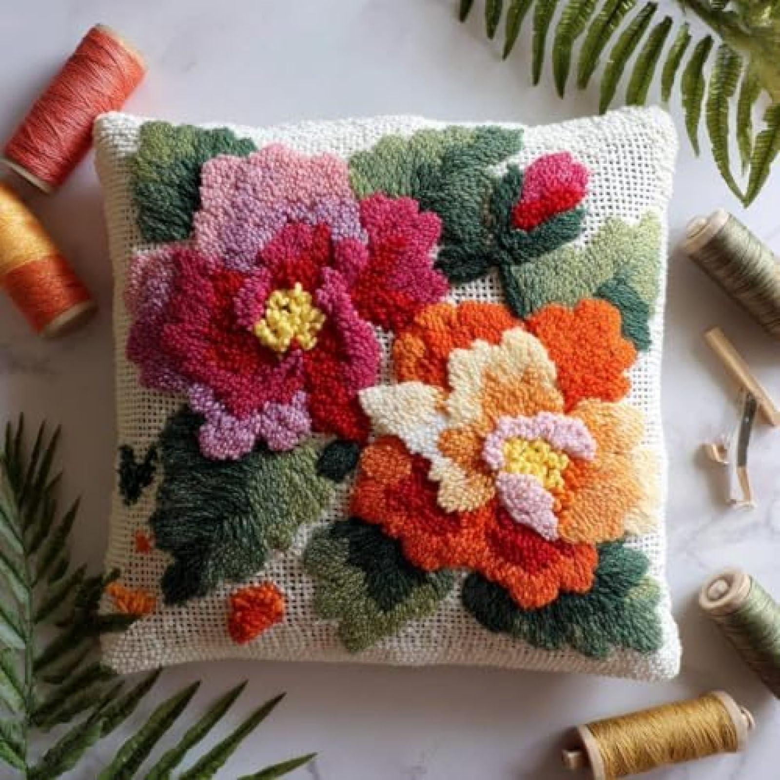 kitphoenix Latch Hook Kit for Adults Beginners,Camellia Flowers,DIY Cushion Cover Kit,Rug Hooking Craft Kit with Pre-Printed Canvas,Yarn and Hook,43x43 cm Pillow Cover