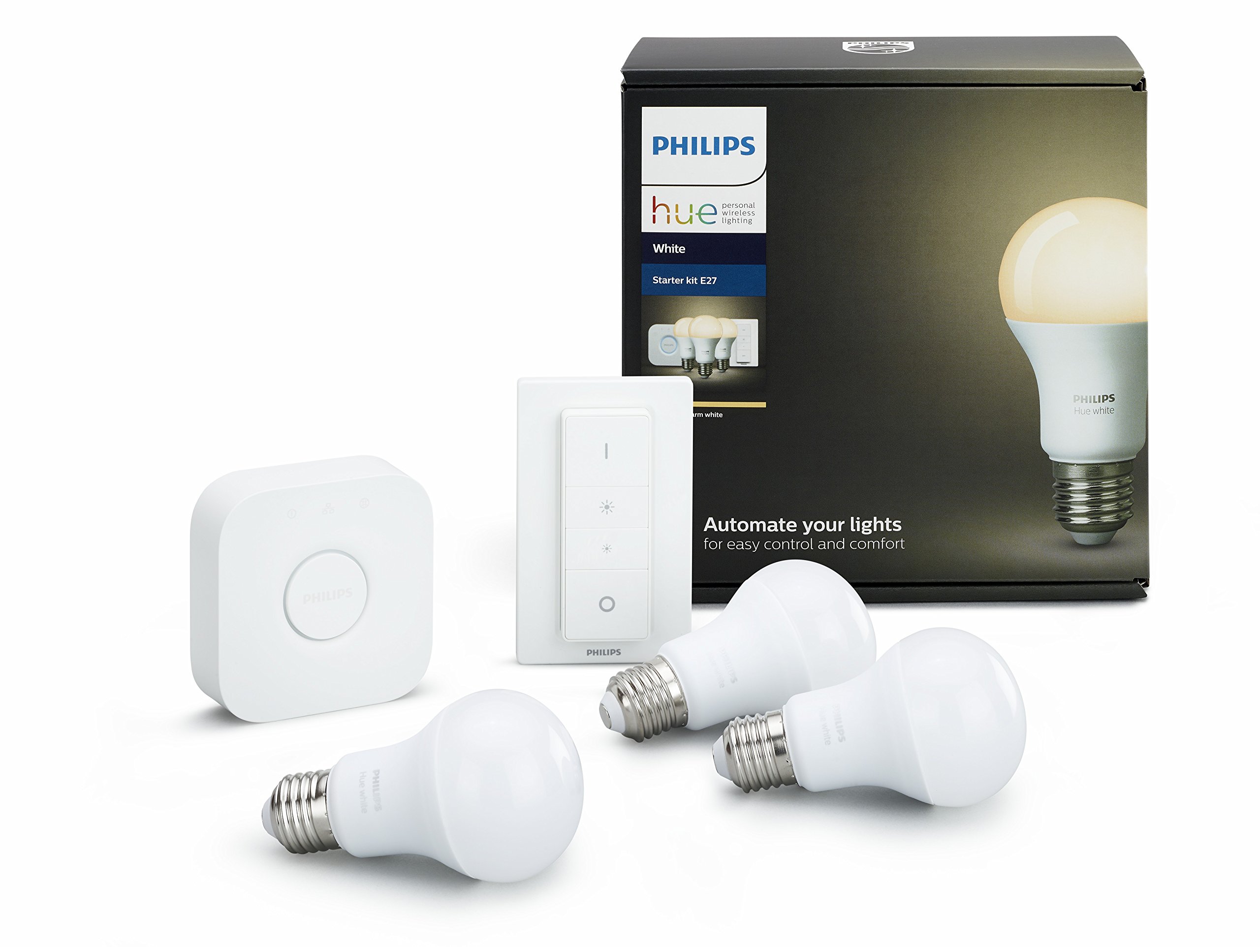 Philips Hue White - Set de 3 bombillas LED E27 con puente e interruptor, 9.5 W, iluminación inteligente, luz blanca cálida regulable, compatible con Apple Homekit y Google Home