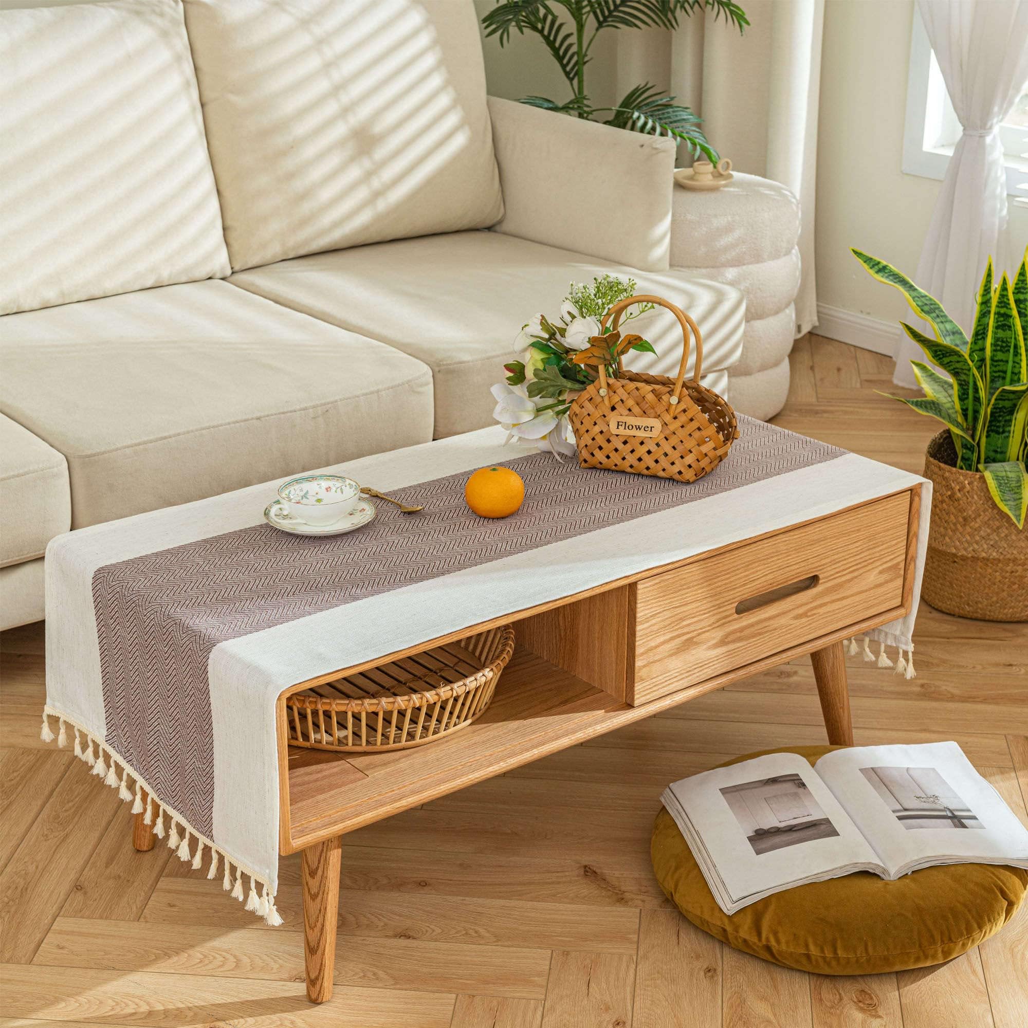 qiden Waterproof Coffee Table Cloth, Coffee Table Covers for Living Room Rectangle Cotton Linen Tablecloth with Tassel Decoration - 20 x 60 inch