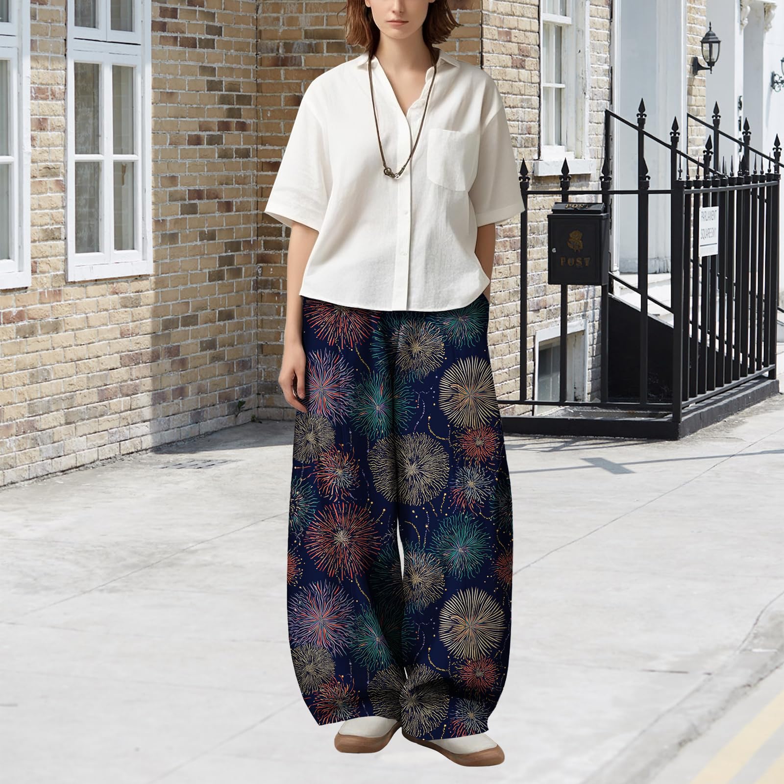 Zaswen Women's Oversize Loose Fit Breathable Pants Wide Leg Lounge Pants Fashion Casual Fireworks Print Trousers with Pockets
