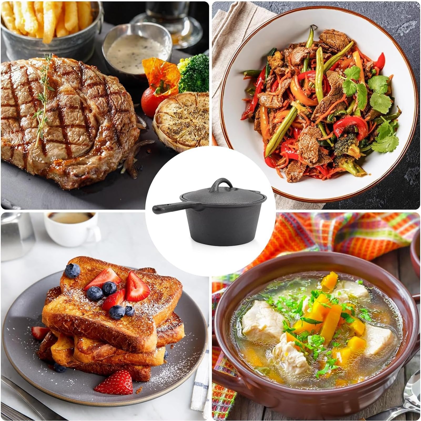 Forno Olandese in Ghisa, 2L Antiaderente Pre-Stagionato Pentolino Olandese con Coperchio E Manico Lungo, Ideale per Campeggio, Cottura, Cottura E Frittura,Nero