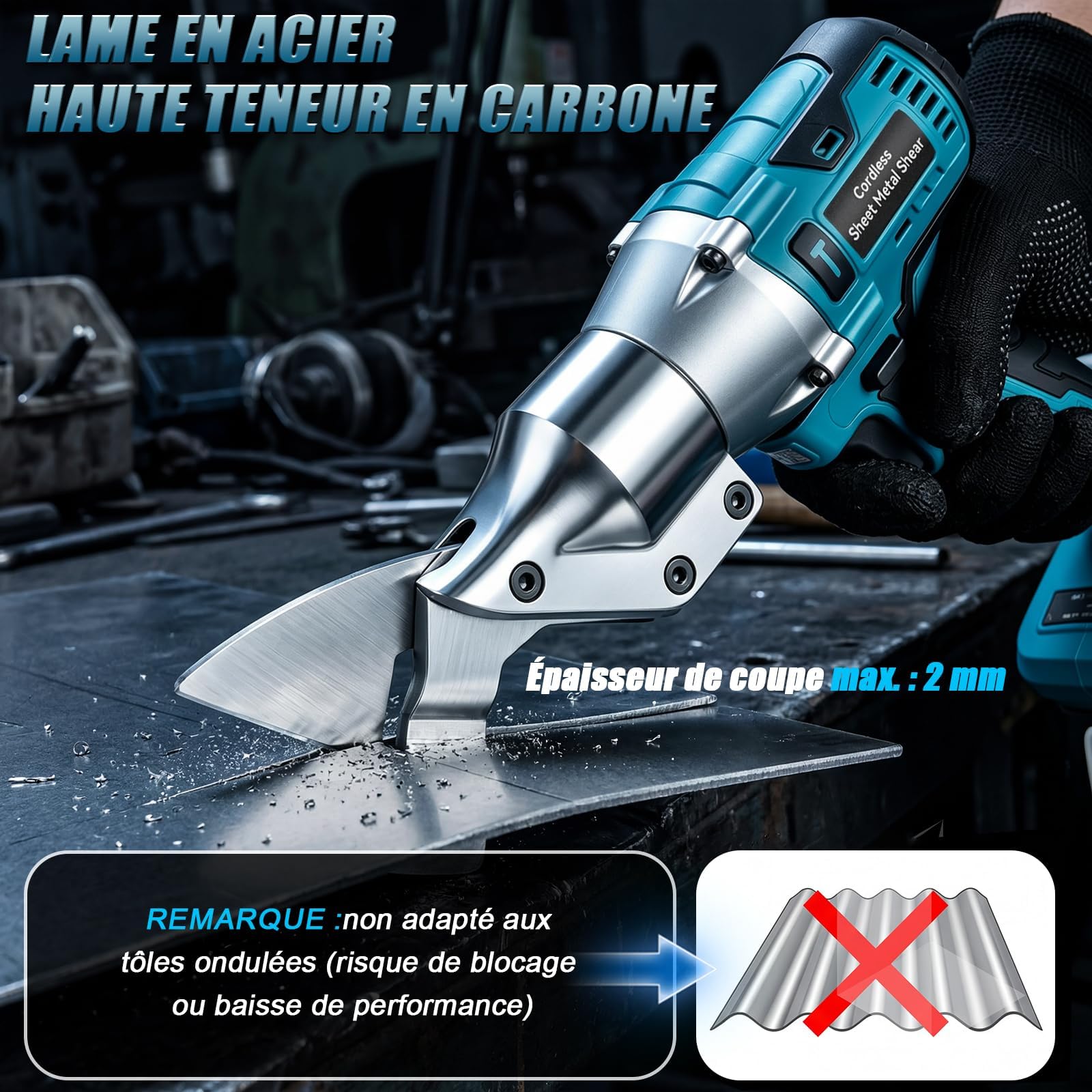 Cizalla a Batería con 2 Baterías 4.0Ah, Cizalla Eléctrica Brushless 800W, Velocidad Variable, Cabezal Giratorio 360°, Tijeras Eléctricas para Acero Inoxidable, Chapa Metálica y Hierro