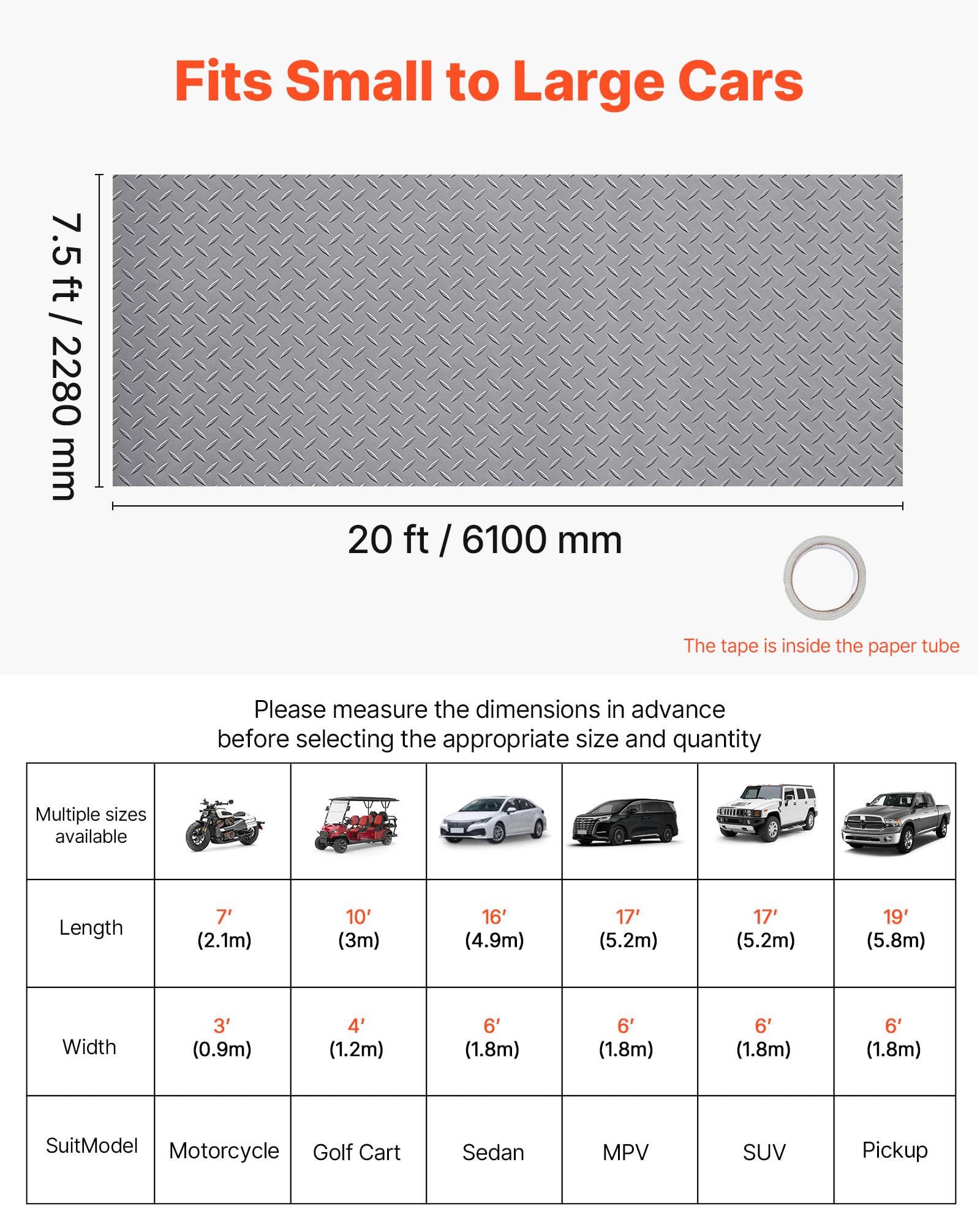 VEVOR Rollo de Suelo de PVC para Garaje, 2,28 x 6,1 m, con Patrón de Diamante de 2,2 mm de Grosor, con Cinta Adhesiva de Doble Cara, Fácil de Limpiar, para Almacenes y Gimnasios. Color Gris Plata