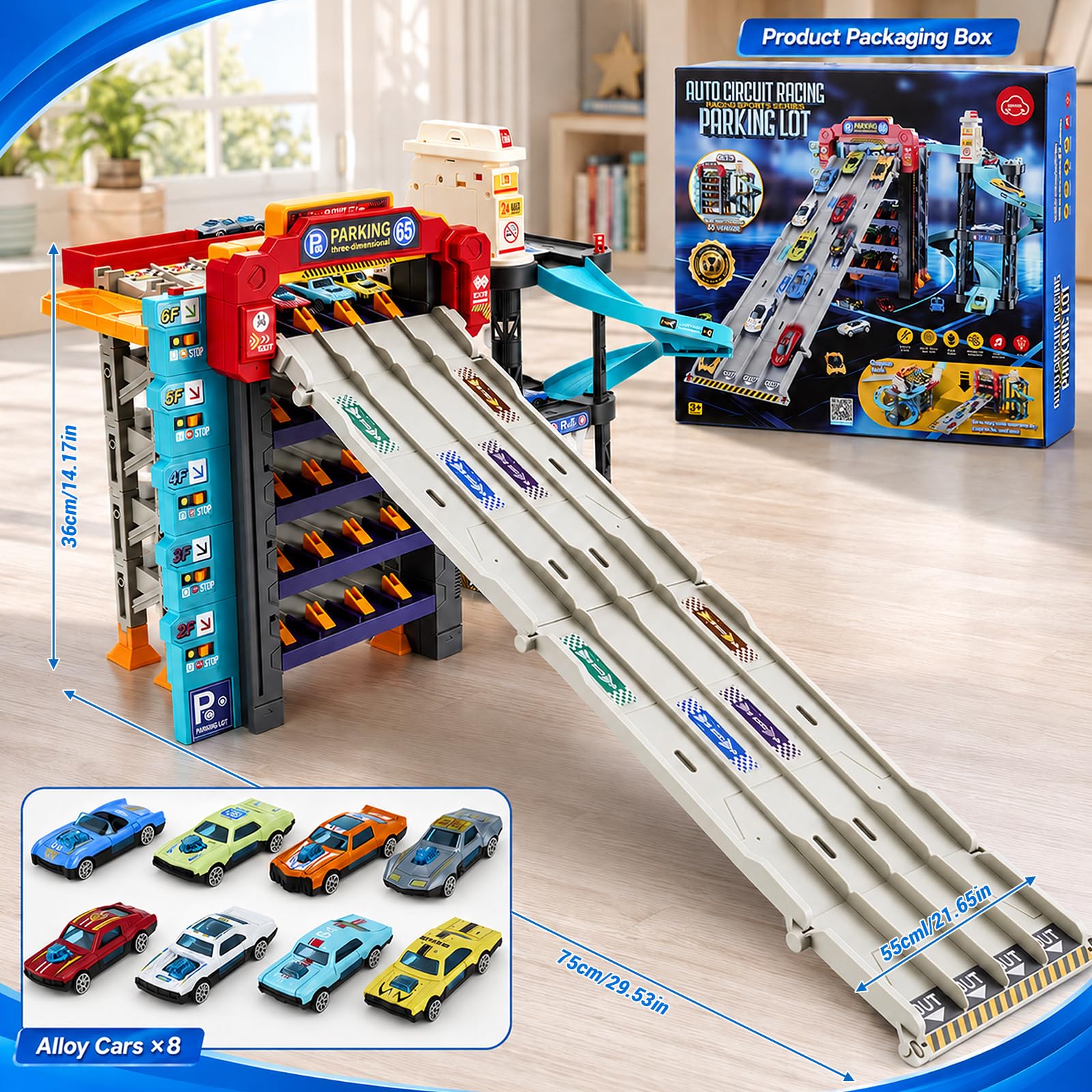 Parcheggio giocattolo per bambini con 5 livelli, seggiolino e stazione di servizio, set da gioco con 8 auto in metallo e elicottero, garage per auto con piazza di atterraggio per elicotteri per