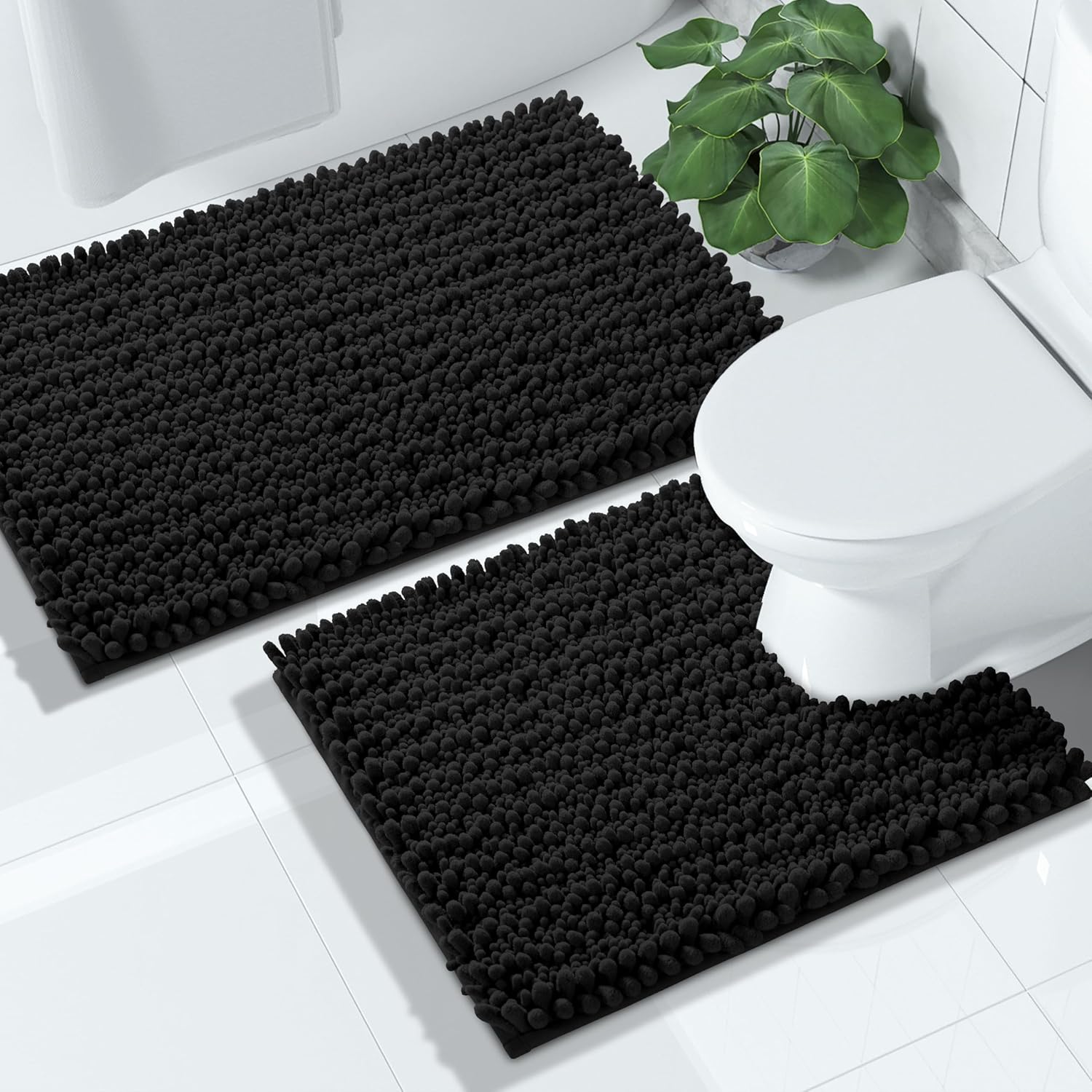 Yimobra Bathroom Rugs Sets 2 Piece, Soft Chenille Toilet Rug U-Shaped Contour and Fluffy Bath Mat Set, Non-Slip Absorbent Shower Rug Carpet for Bathroom Floor, Machine Washable, 24x17+24x20 Inch Black