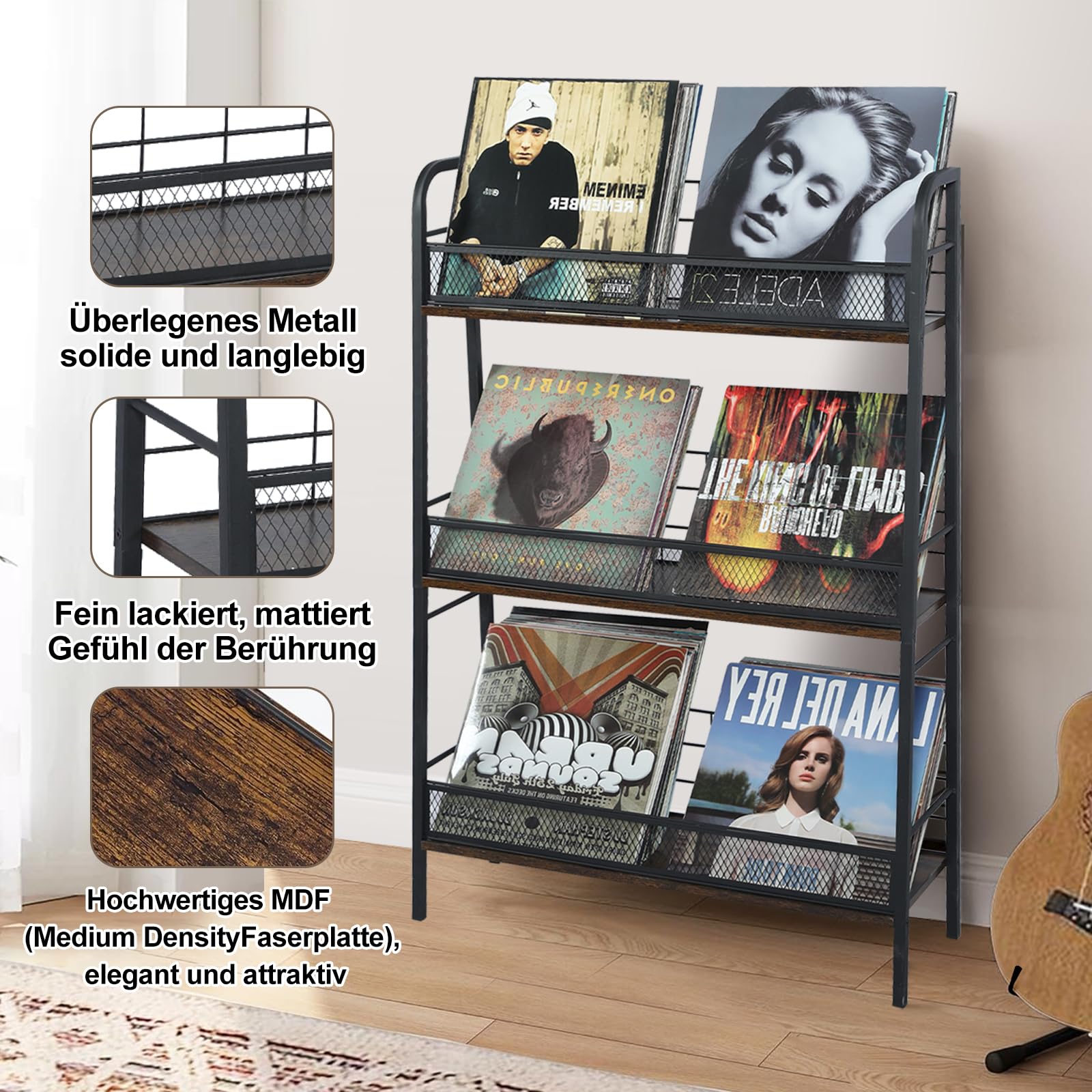 HZE Schallplatten Aufbewahrung, 3 Etagen Mrtall Schallplatten Regal, Schallplatten Halter Speichern Sie etwa 150 Alben Fest, Schallplatten Ständer, Schallplatten Schrank Geeignet für LP-Schallplatten