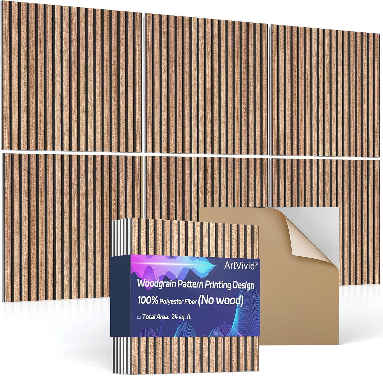6Pack Acoustic Panels, Self-Adhesive Fluted Slat Sound Proof Panels for Walls, Decorative UV-Printed Imitation Wood Grain Fibreboard for Recording Studio, Home, 24×24×0.4", Natural Walnut Color 24"×24"(6pcs) Natural Walnut