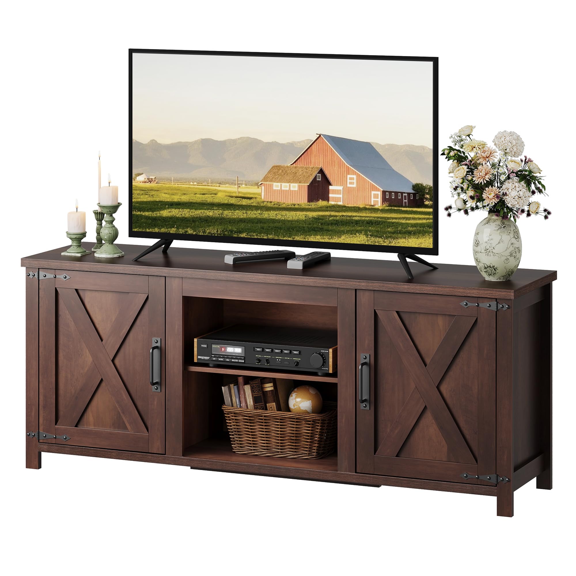 TV Stand for TVs up to 65", Entertainment Center with X-Shaped Barn Doors, Large Storage Media TV Console with Adjustable Shelves & Cable Holes for Living Room, Brown