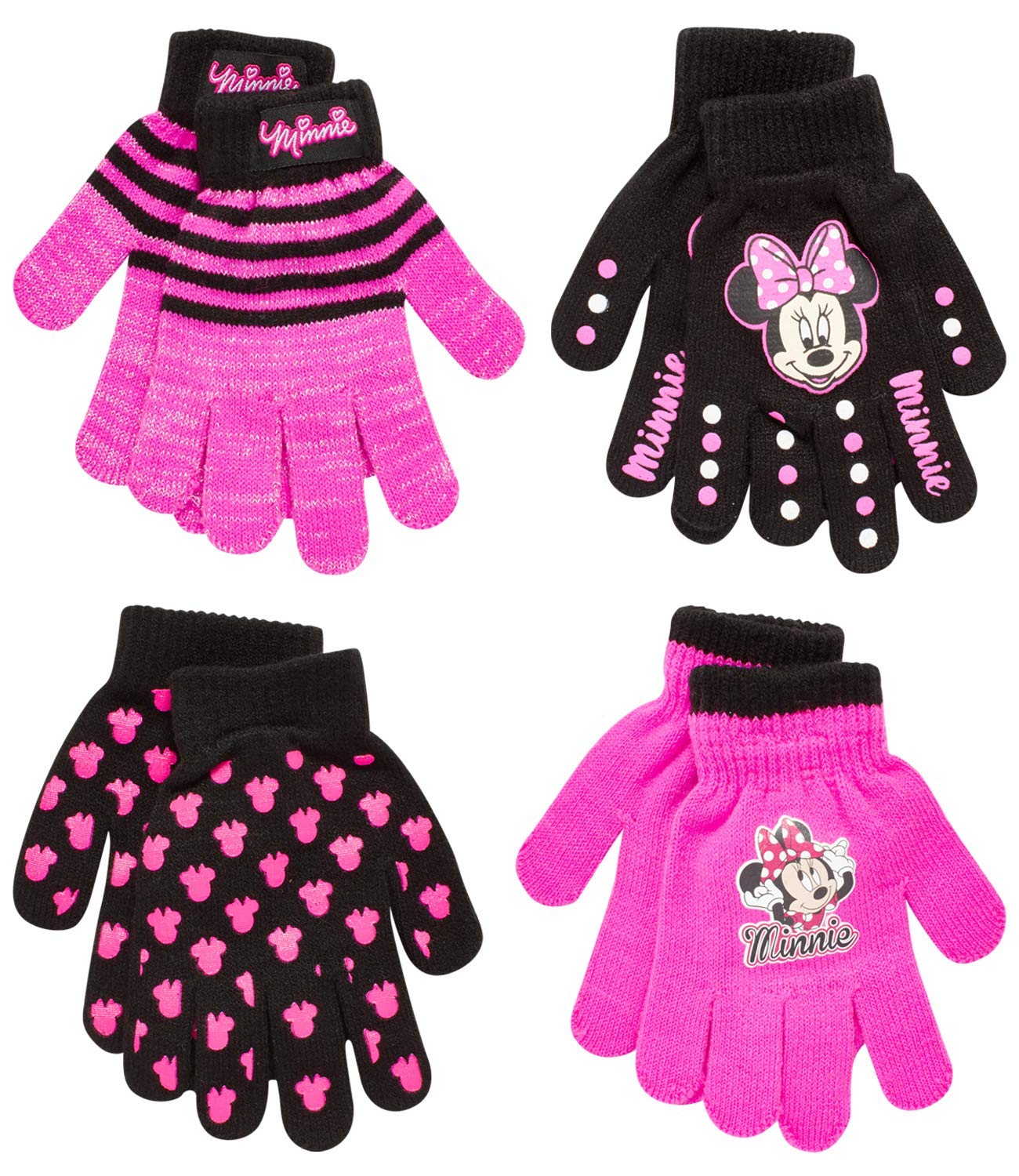 Disney Assorted Character Designs 4 Pair Gloves or Mittens Cold Weather Set, Little Girls, Age 2-7 (Minnie Mouse - 4 Pair Gloves Design Set)