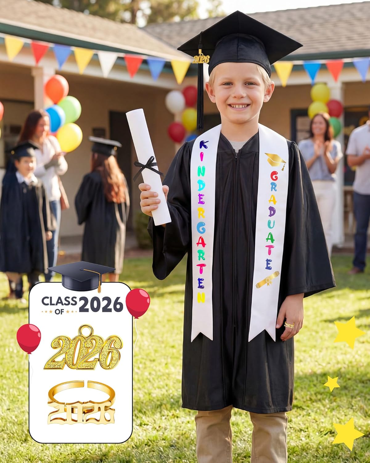 Sasylvia 9 Pcs Kindergarten Preschool Graduation Gown Cap Set with 2026 2027 Tassel Kids Graduation Stole Rings Certificate
