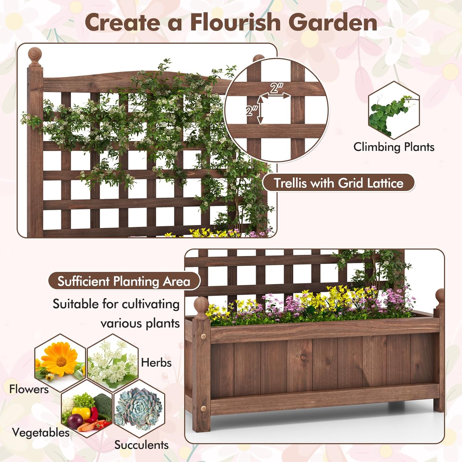 Raised Garden Bed with Trellis, Wooden Planter Box with Drainage Holes, Outdoor Gardening Planter for Flowers, Herbs, Vegetables, Fruits & Climbing Vines