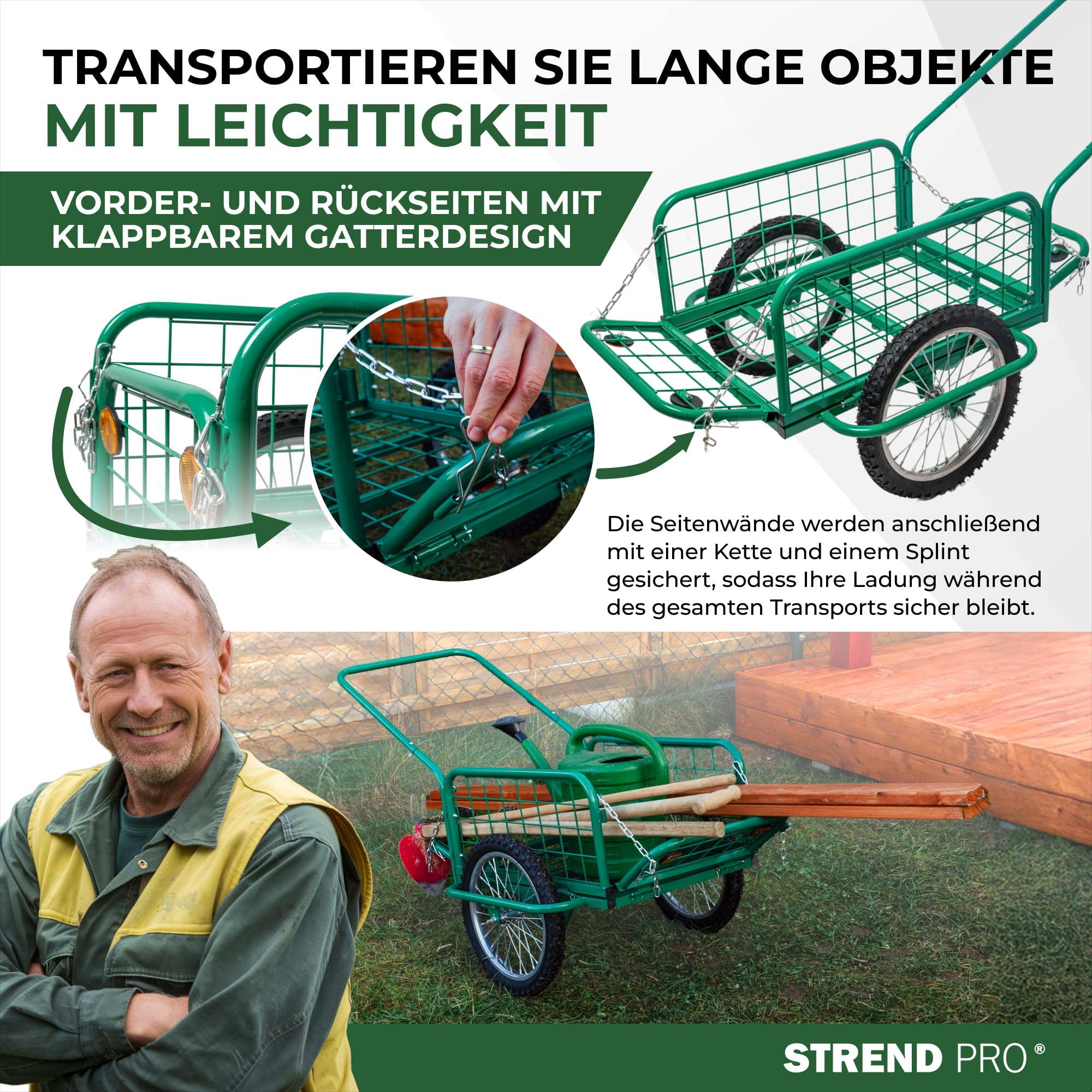 STREND PRO Bollerwagen | Handwagen | Metall | klappbare Seiten | bis 100KG | Große Räder, Metallkonstruktion | Transportwagen für Garten & Transport | Holzhandwagend, Gartenwagen | Victor