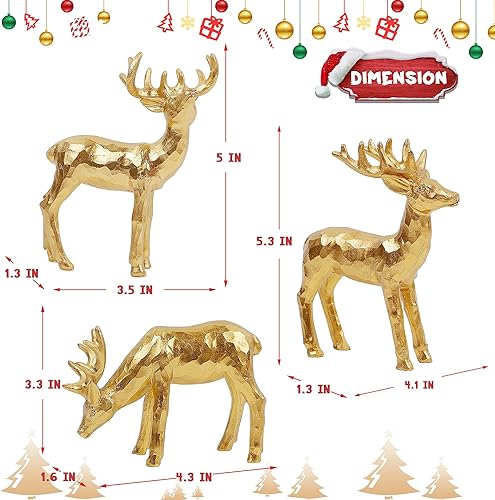 Miniatura 2 de Lulu Home 3 piezas de decoraciones de mesa navideñas, figuras de familia de renos dorados de resina con diversas posturas, adornos de centros de
