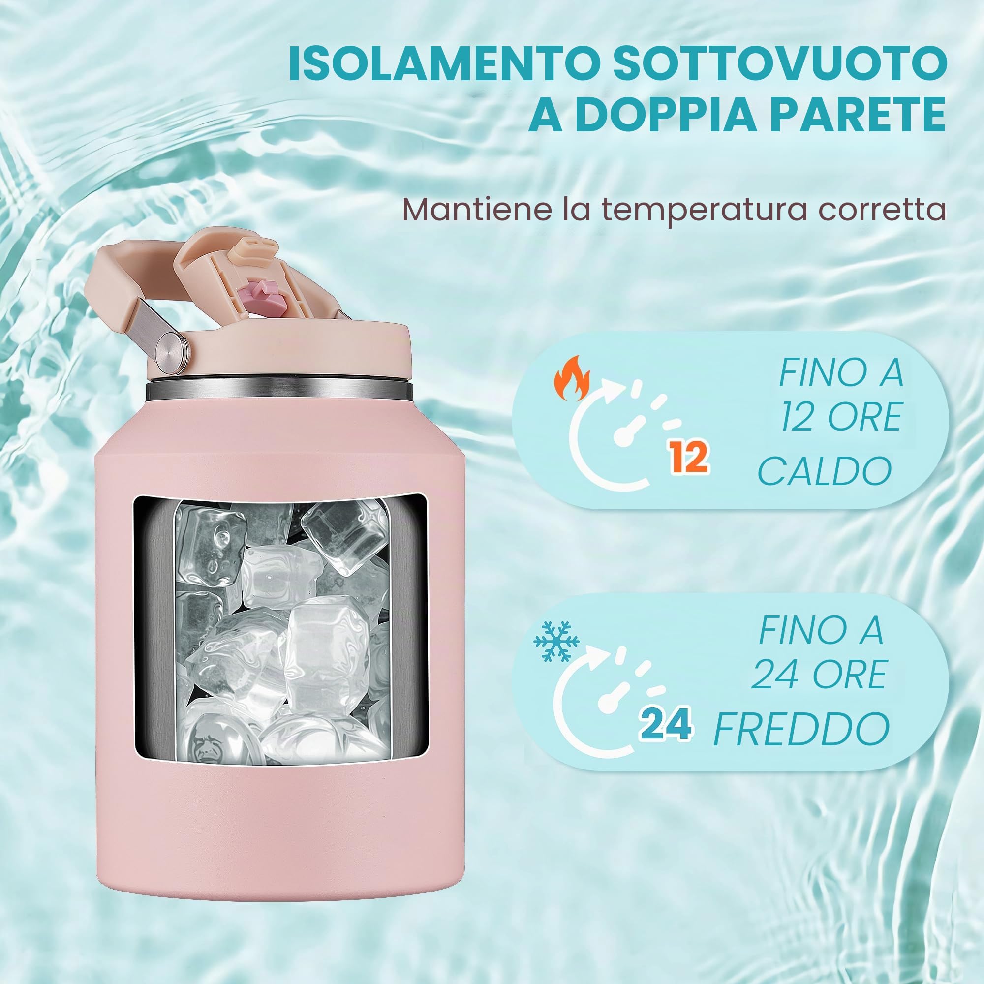 Borraccia Termica 2 litro Bottiglia Termica Senza Perdite Borraccia Palestra Sportiva in acciaio inox, rimanere fredde 24h o calde 12h, Senza BPA